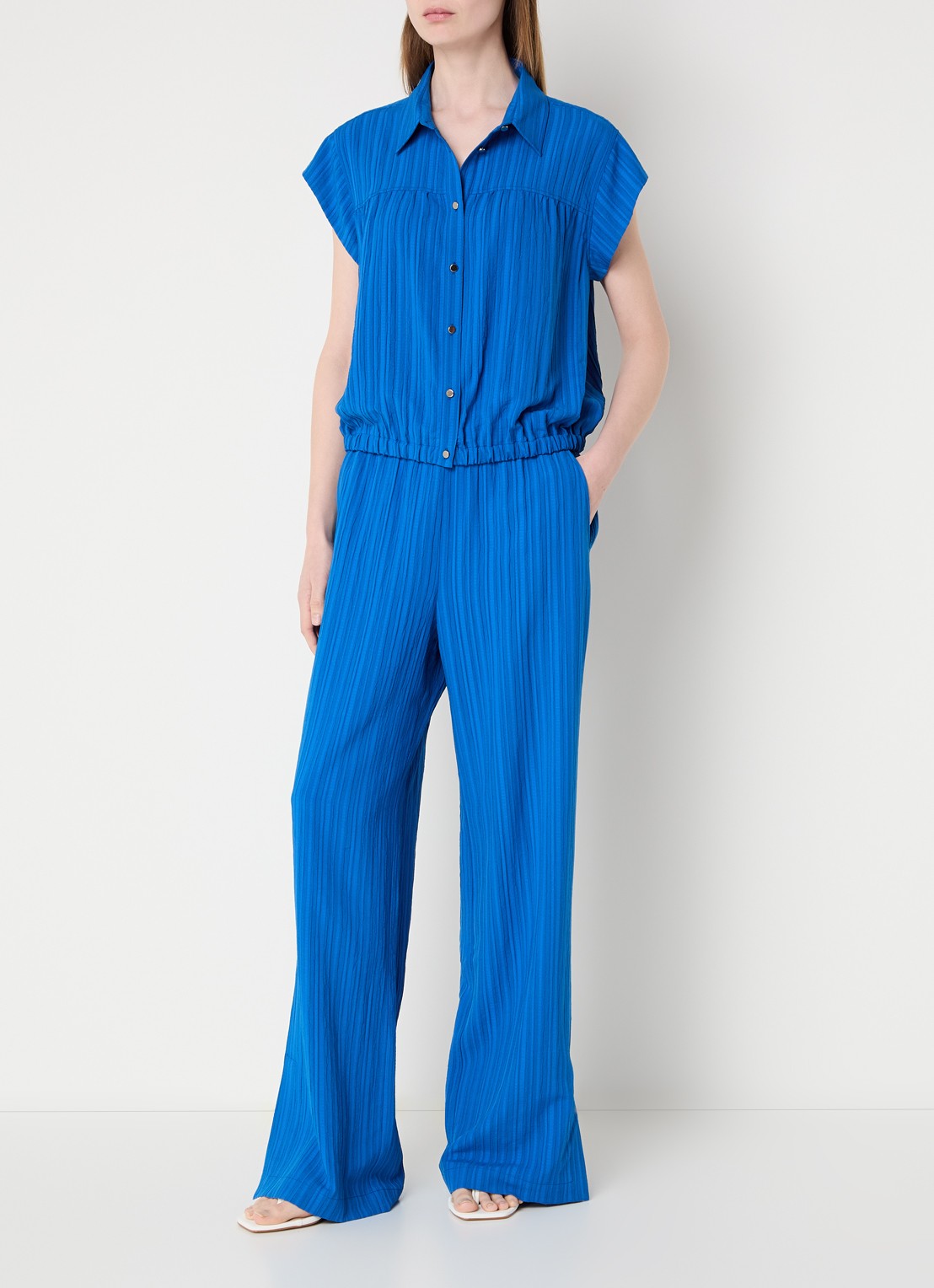 Claudia Sträter Mid waist straight fit broek met streepprint - voorkant 3 kobaltblauw