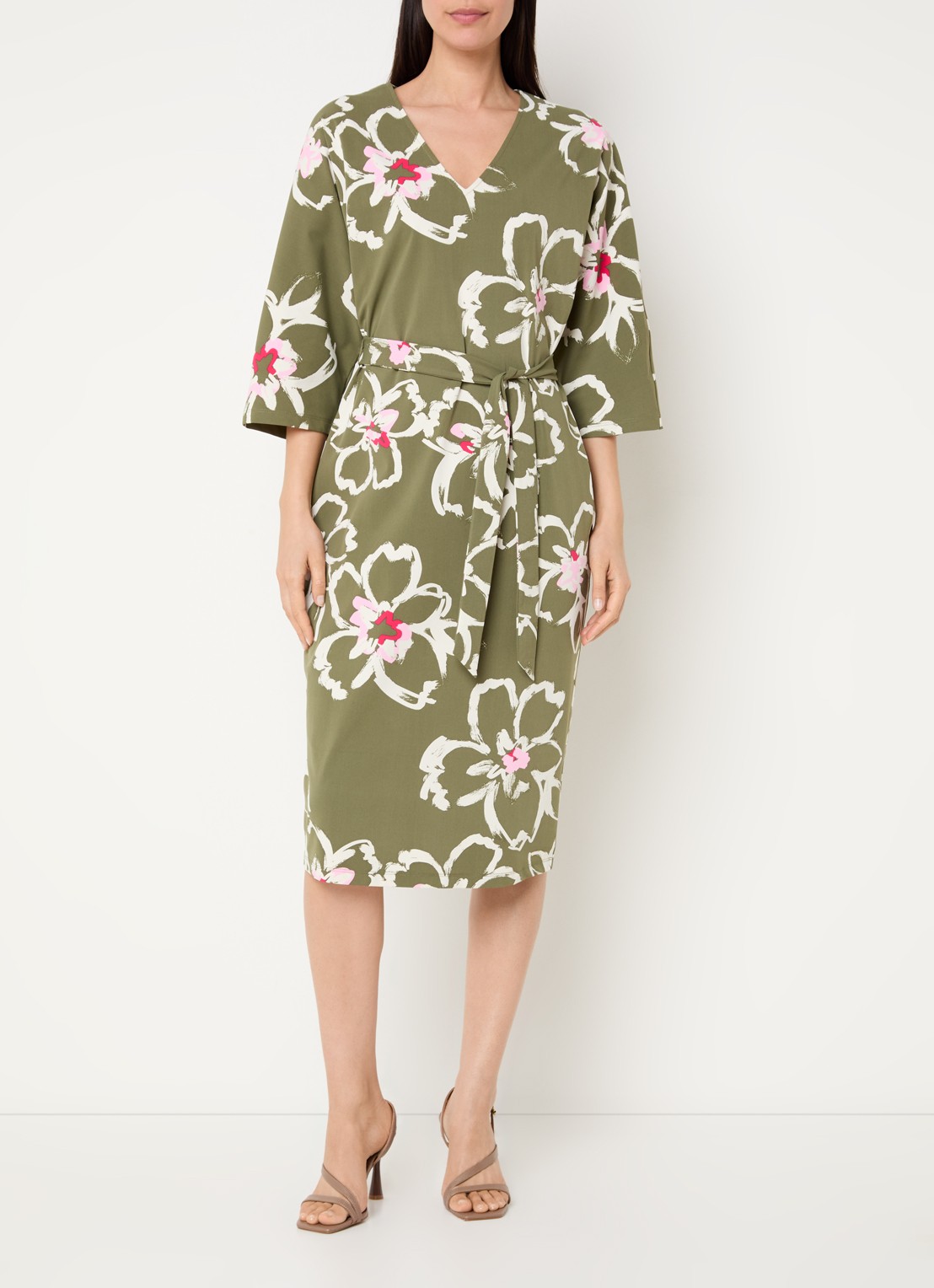 Claudia Sträter Midi jurk met bloemenprint en ceintuur - detail 4 groen