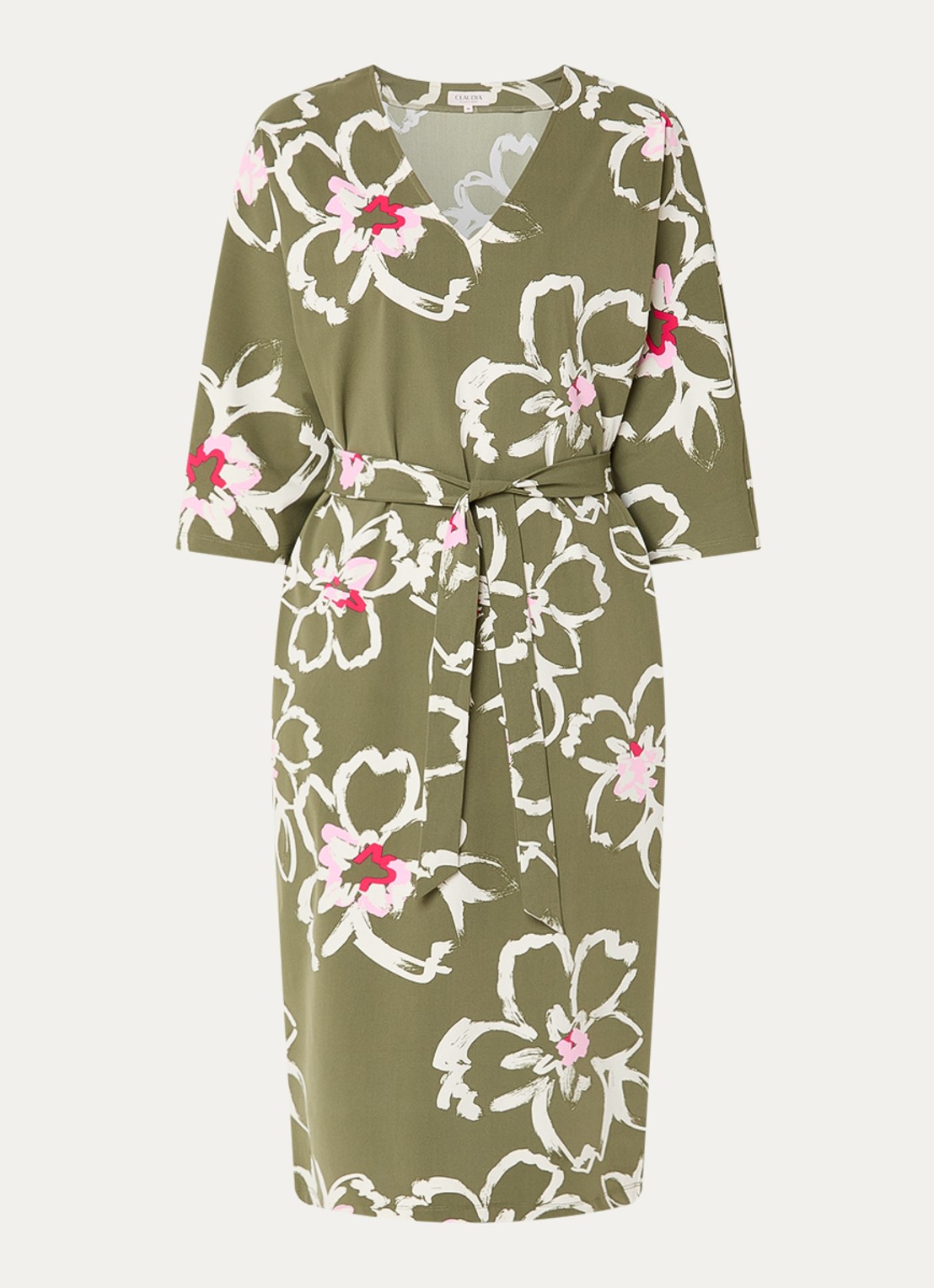 Claudia Sträter Midi jurk met bloemenprint en ceintuur - voorkant groen