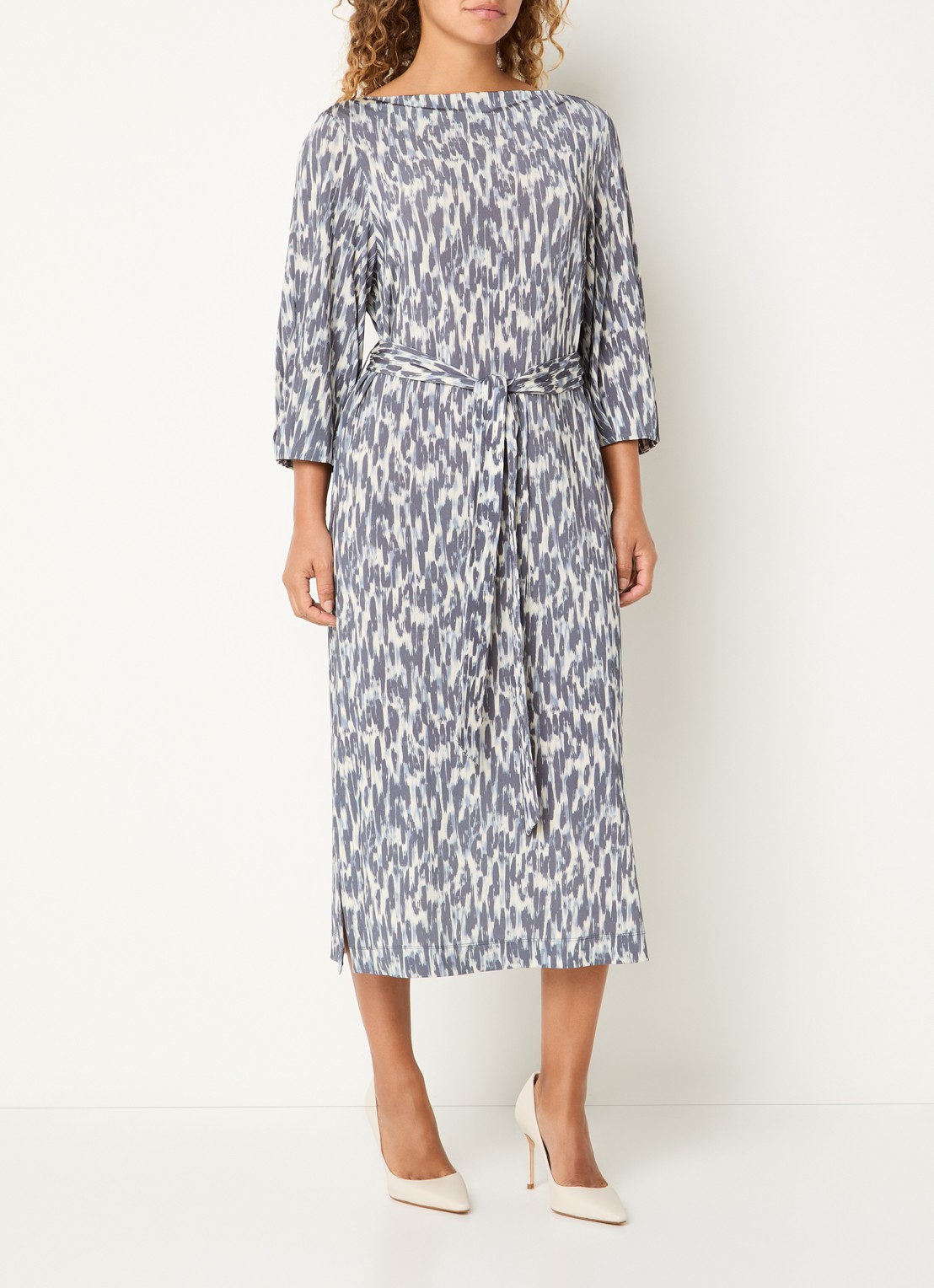 Claudia Sträter Midi jurk met print en ceintuur - detail 3 staalblauw