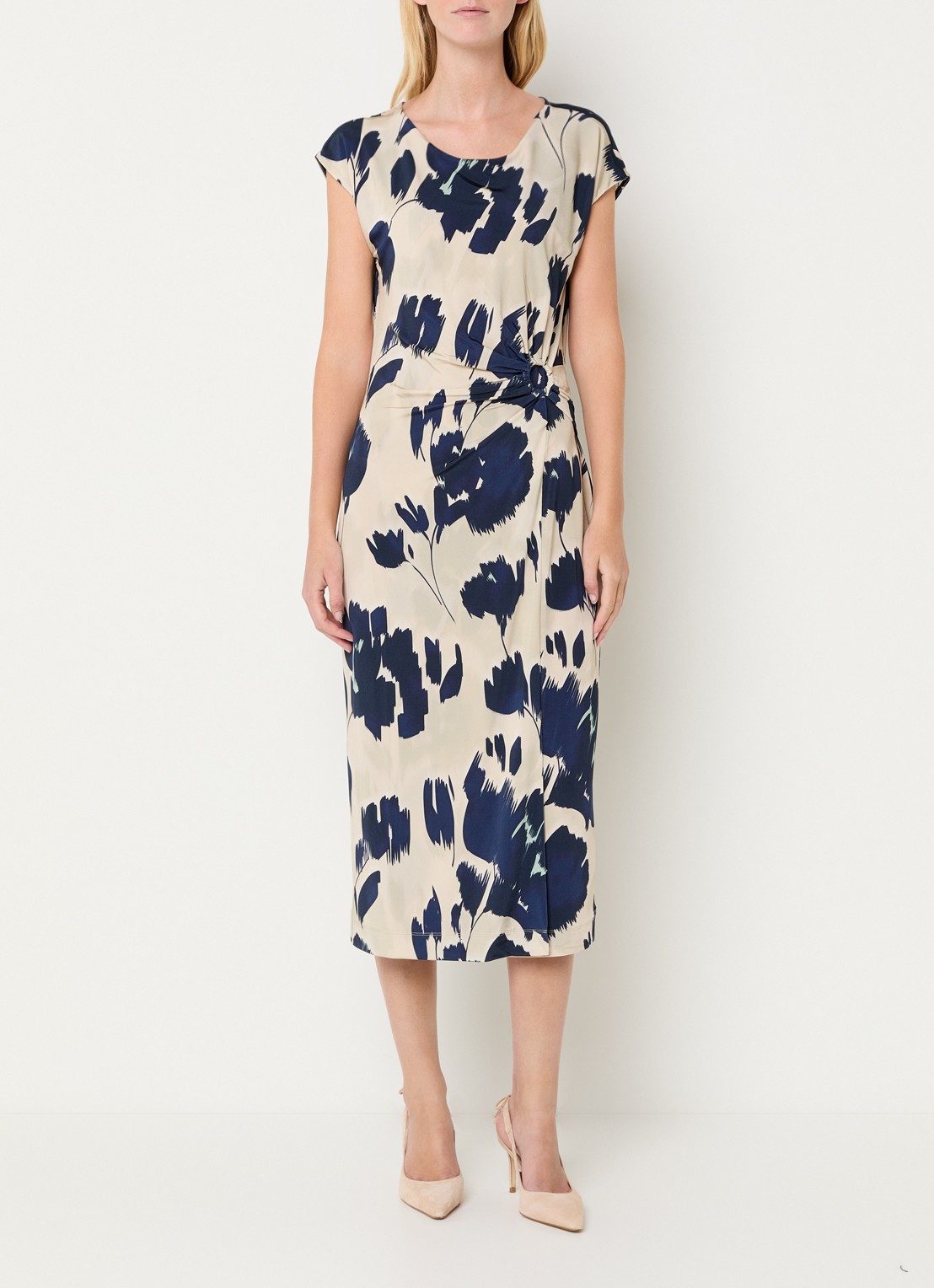 Claudia Sträter Midi jurk van jersey met bloemenprint - detail 2 donkerblauw