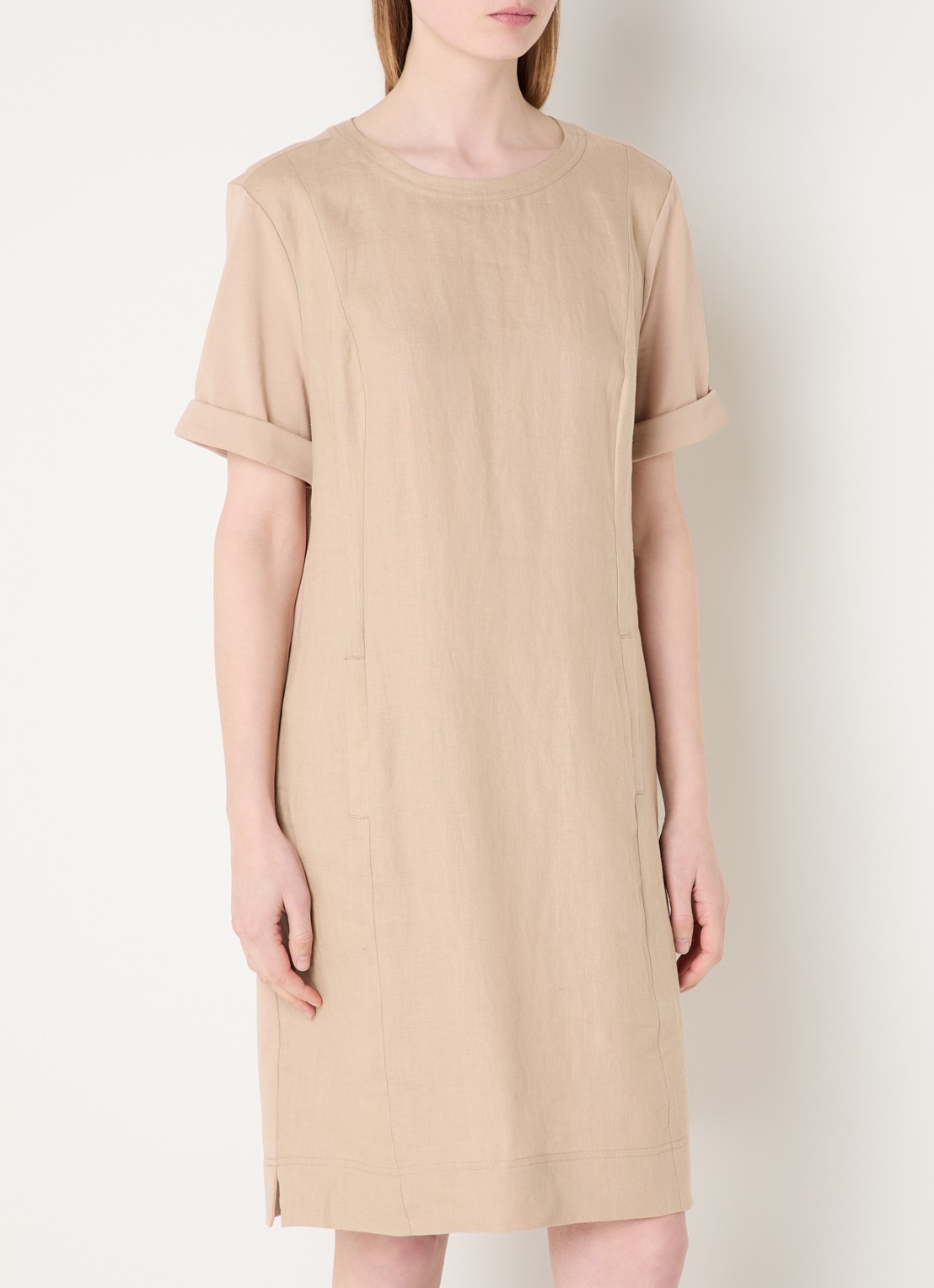 Claudia Sträter Mini T-shirt jurk van linnen met steekzakken - detail beige