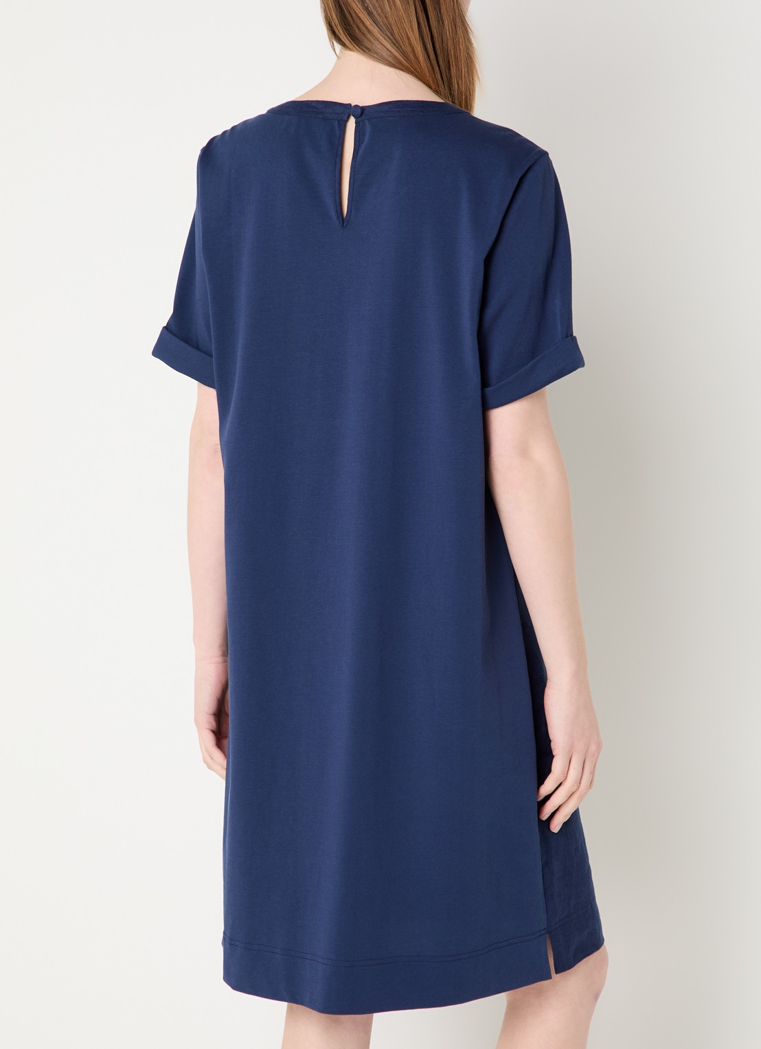 Claudia Sträter Mini T-shirt jurk van linnen met steekzakken - achterkant donkerblauw