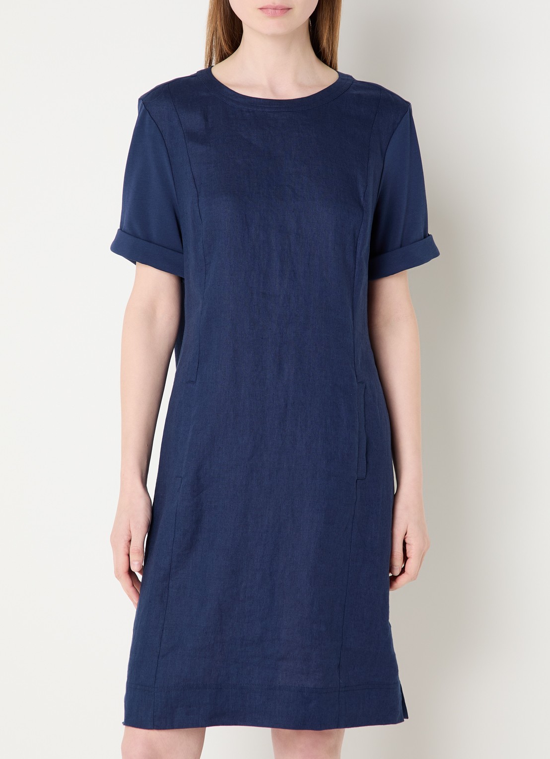 Claudia Sträter Mini T-shirt jurk van linnen met steekzakken - detail 4 donkerblauw