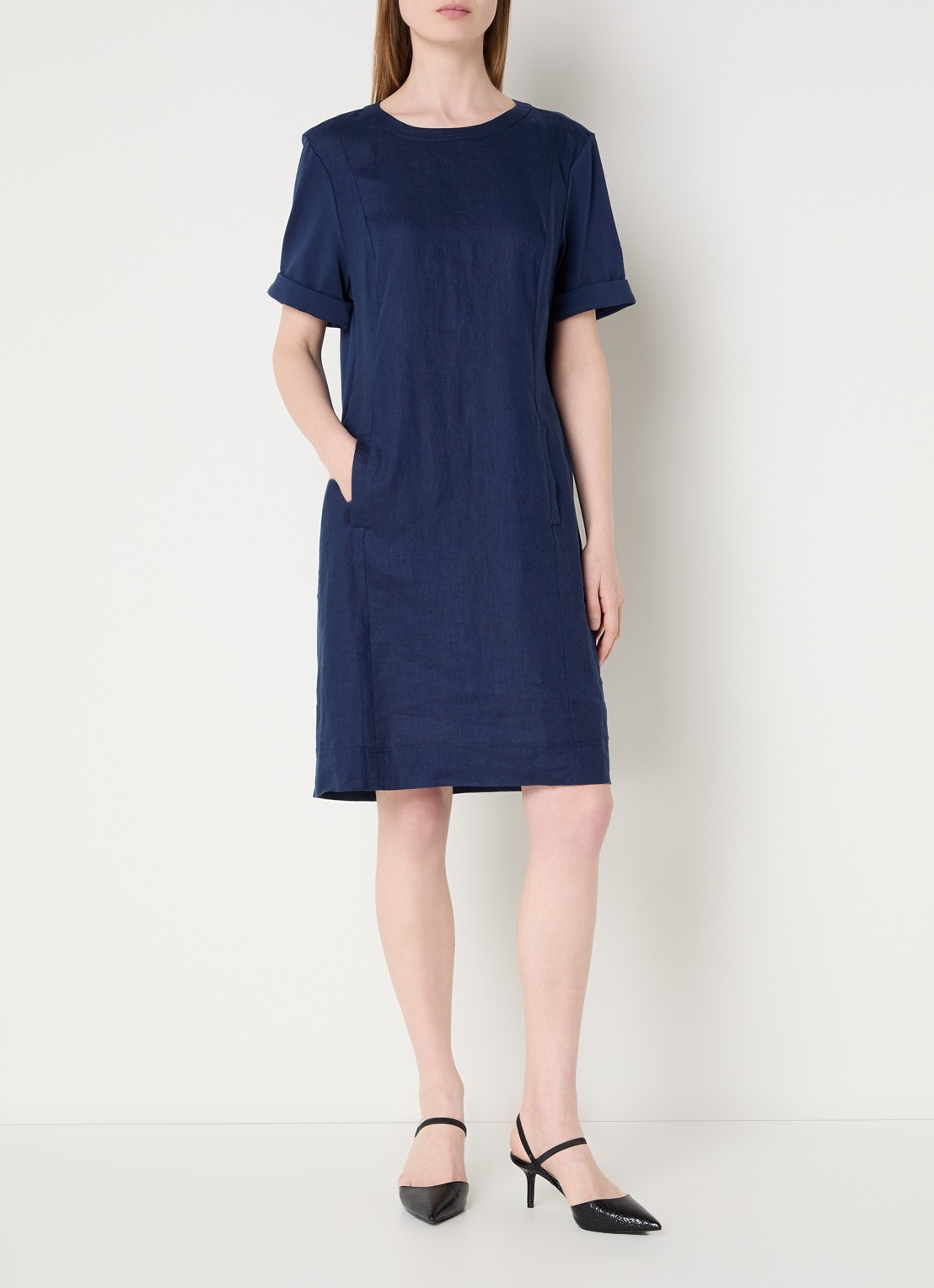 Claudia Sträter Mini T-shirt jurk van linnen met steekzakken - voorkant 3 donkerblauw