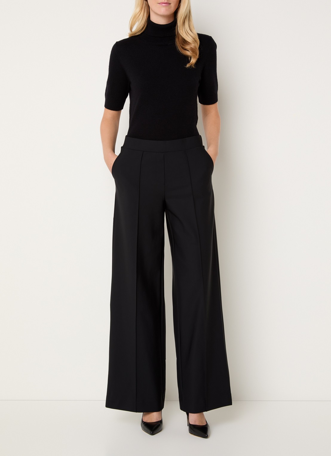 Claudia Sträter Noos high waist wide fit pantalon met steekzakken - voorkant 2 zwart