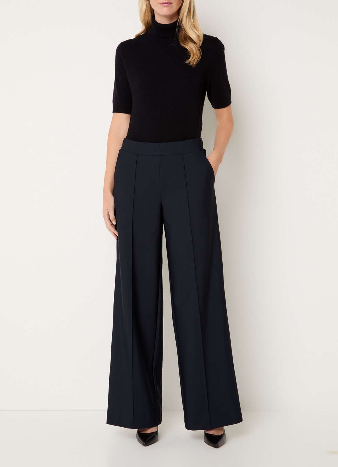 Claudia Sträter Noos high waist wide fit pantalon met steekzakken - voorkant 3 donkerblauw