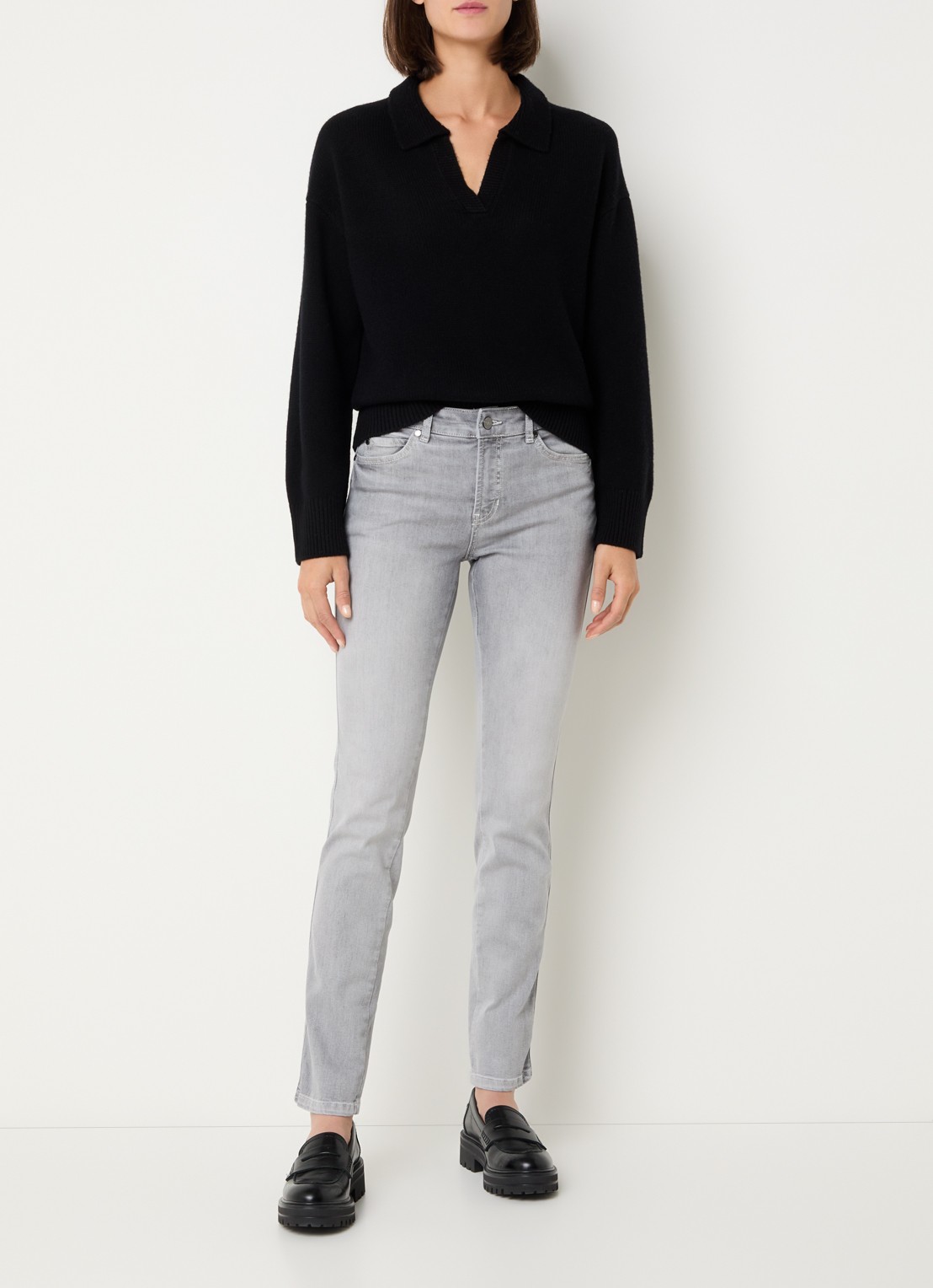 Claudia Sträter Sue mid waist slim fit jeans met gekleurde wassing - voorkant 4 lichtgrijs