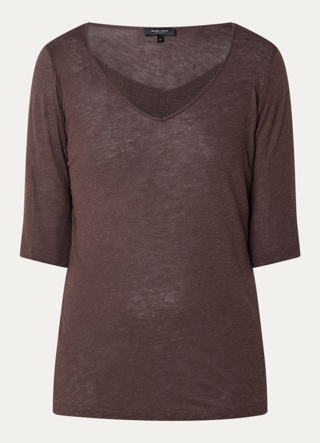 Claudia Sträter T-shirt in linnenblend met V-hals - voorkant 2 donkerbruin
