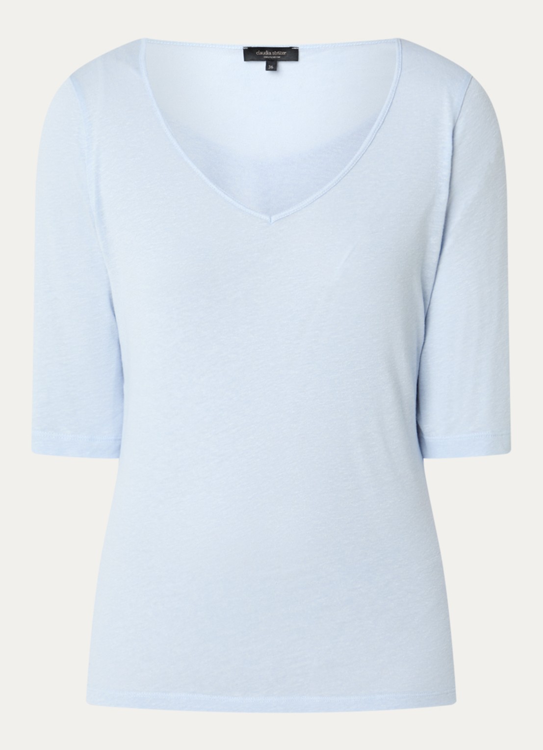 Claudia Sträter T-shirt in linnenblend met V-hals - voorkant 3 lichtblauw