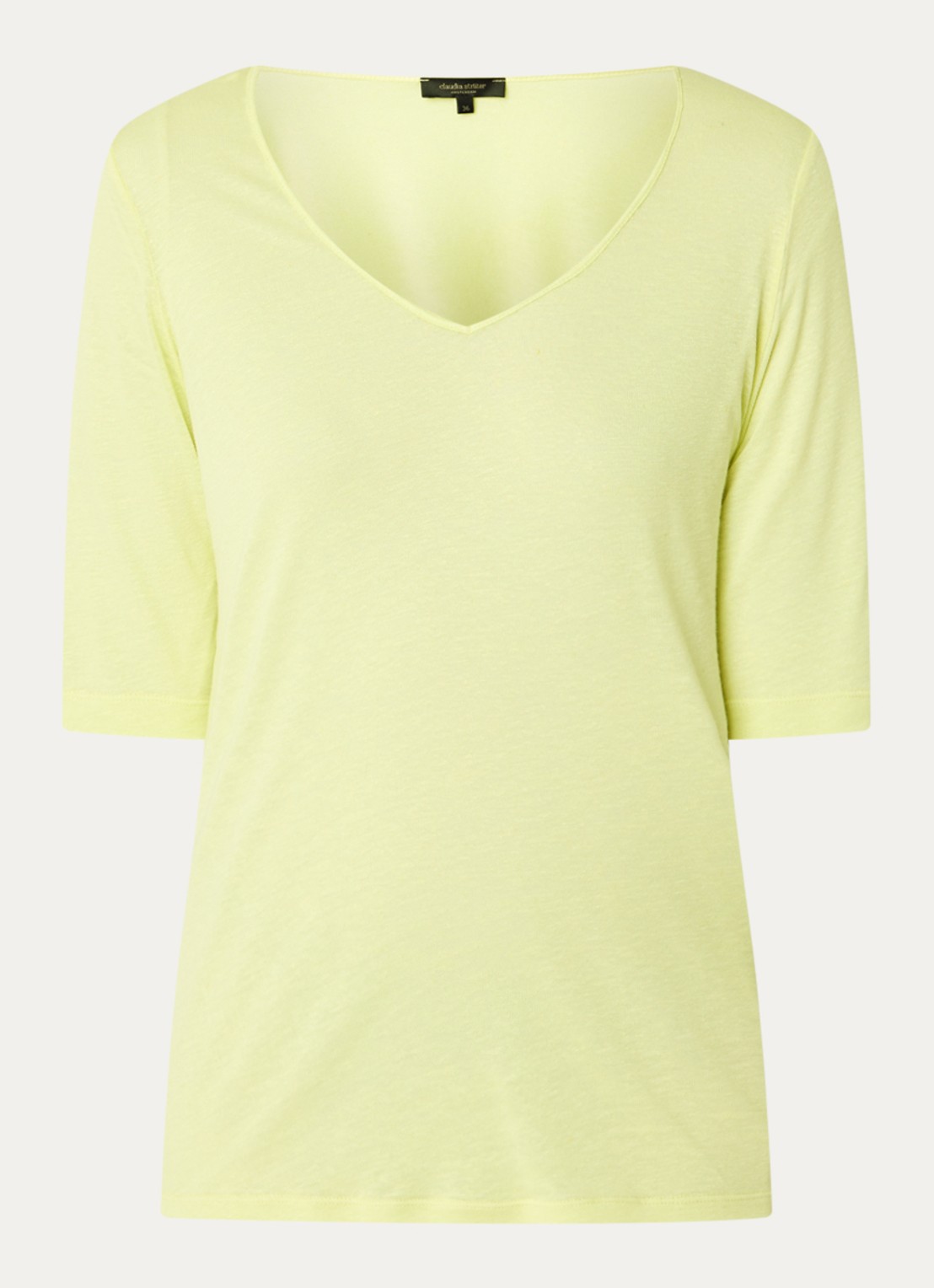 Claudia Sträter T-shirt in linnenblend met V-hals - voorkant neongroen