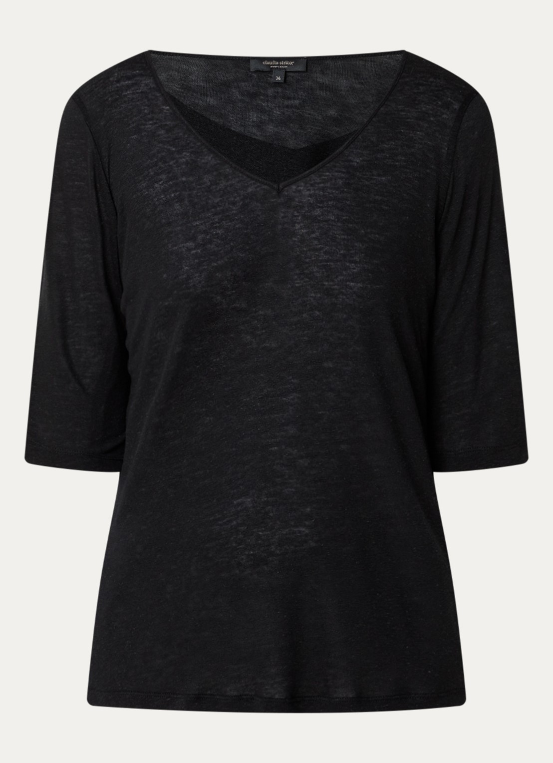Claudia Sträter T-shirt in linnenblend met V-hals - voorkant zwart