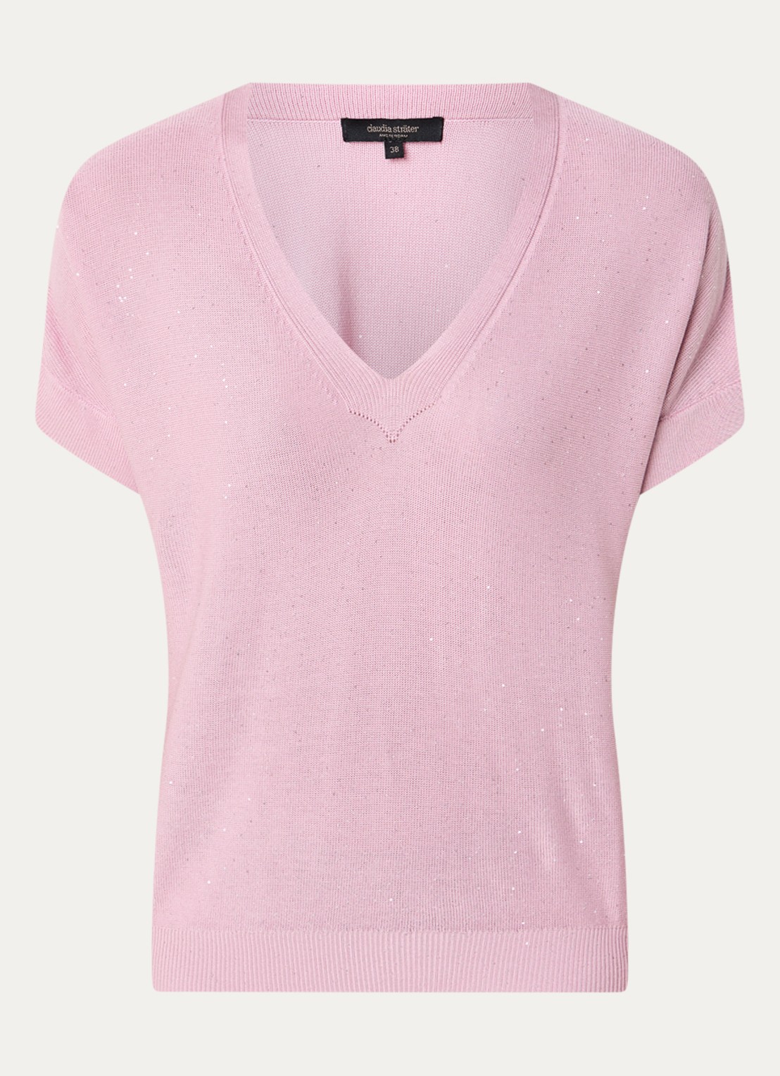Claudia Sträter T-shirt met pailletten en V-hals - voorkant 3 roze