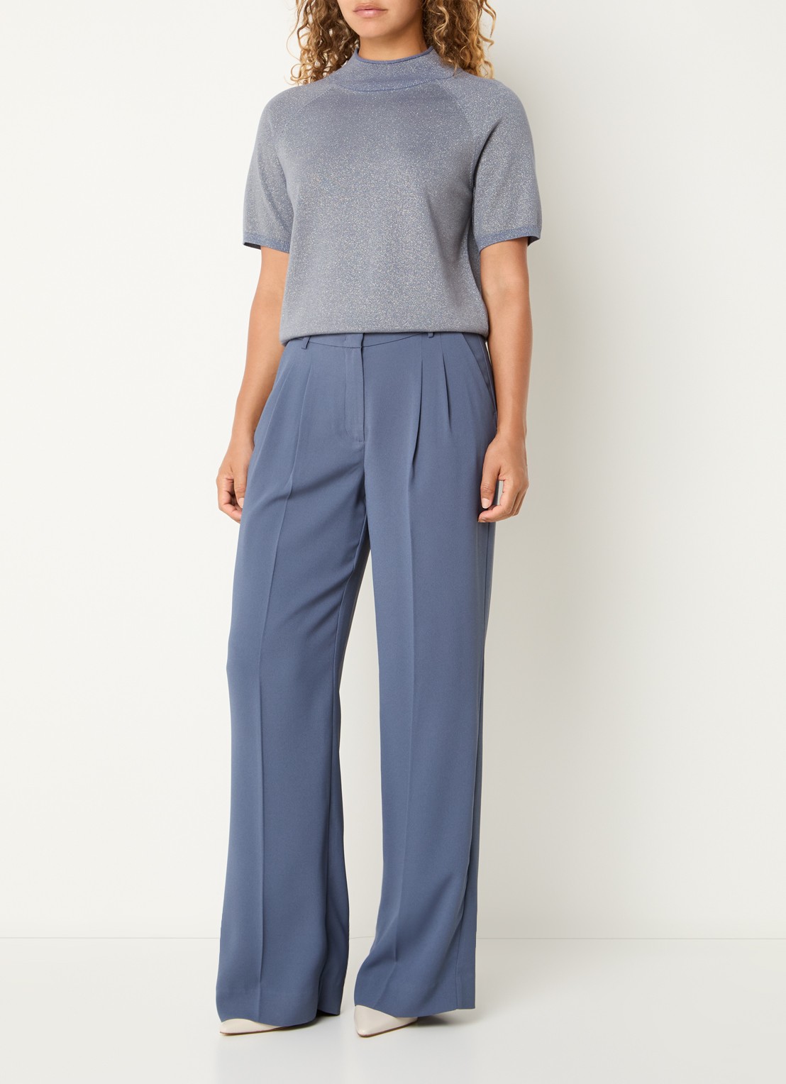 Claudia Sträter Top met metallic finish - voorkant 3 staalblauw