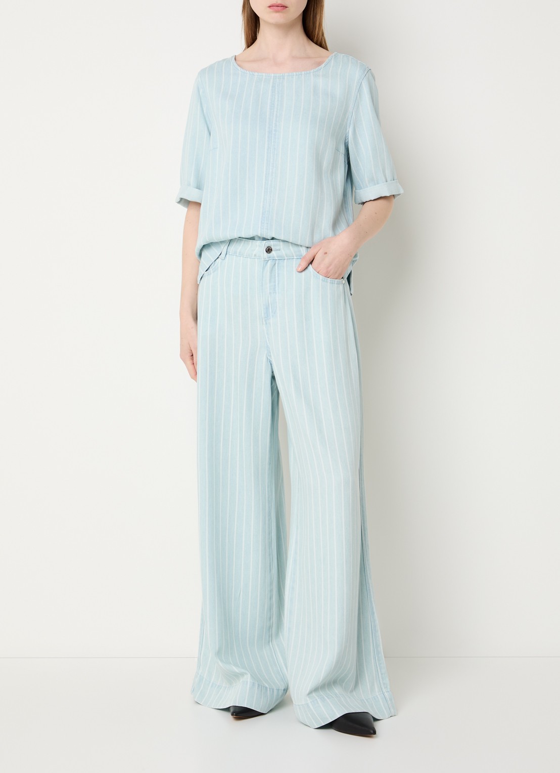 Claudia Sträter Top van denim met streepprint - voorkant 2 indigo