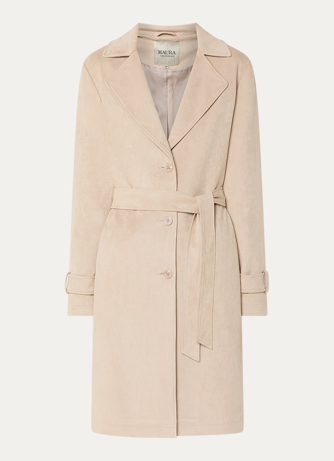 Claudia Sträter Trenchcoat van imitatiesuède met steekzakken - voorkant beige