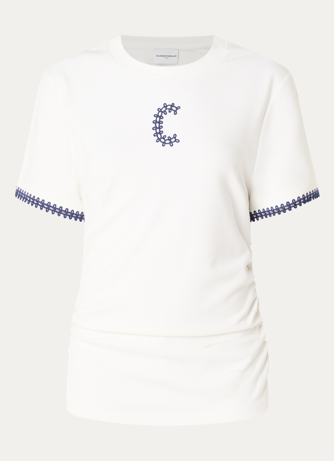 Claudie Pierlot Asymmetrisch T-shirt met borduring en plooidetail - voorkant 3 gebroken wit