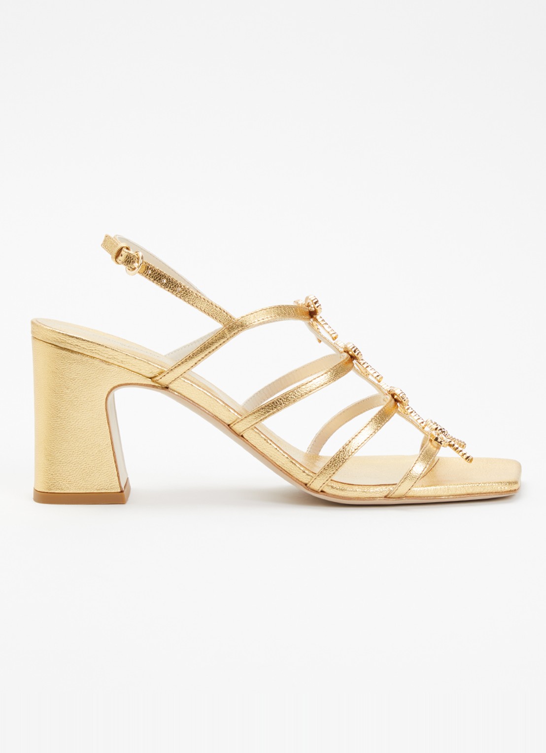 Claudie Pierlot Aurianne sandalette van leer met metallic finish - voorkant goud