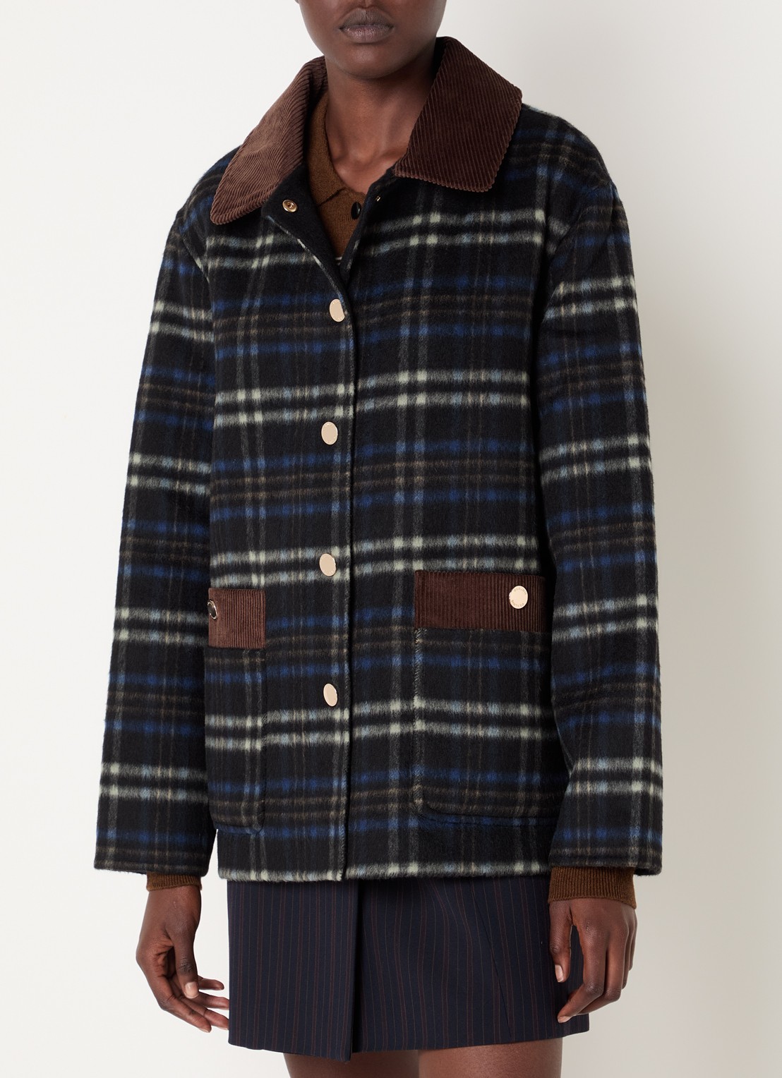 Claudie Pierlot Barn jack in alpaca wolblend met opgestikte zakken en ruitdessin - detail donkerblauw