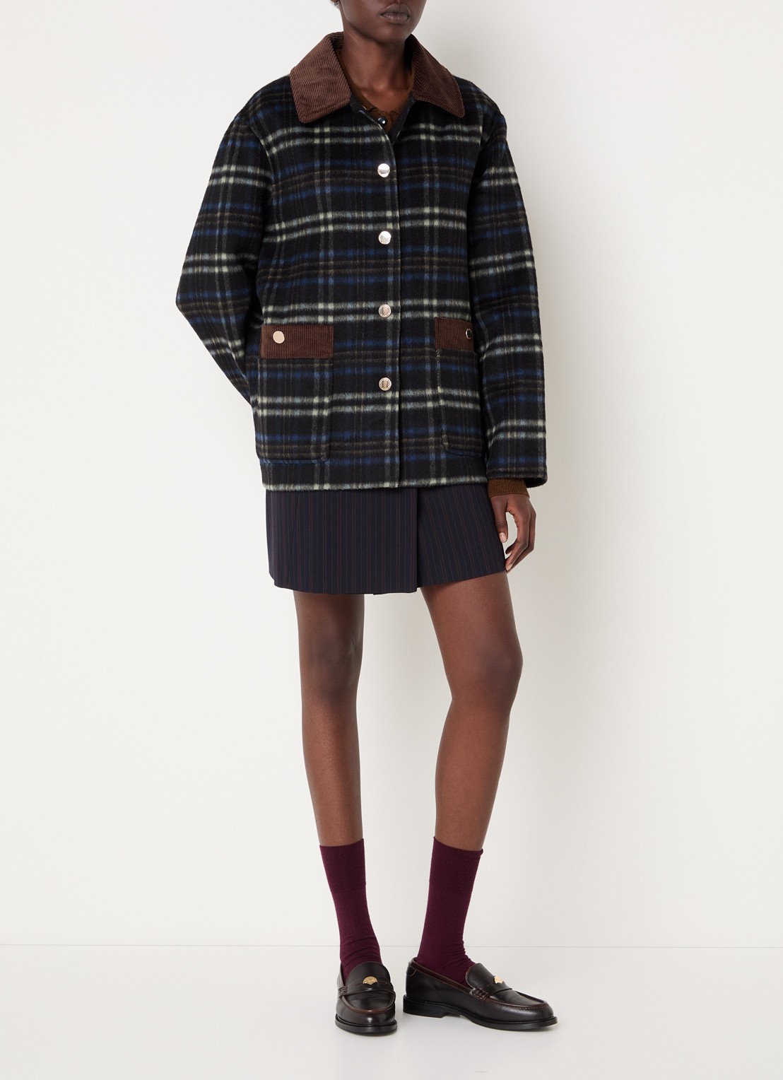 Claudie Pierlot Barn jack in alpaca wolblend met opgestikte zakken en ruitdessin - voorkant 3 donkerblauw
