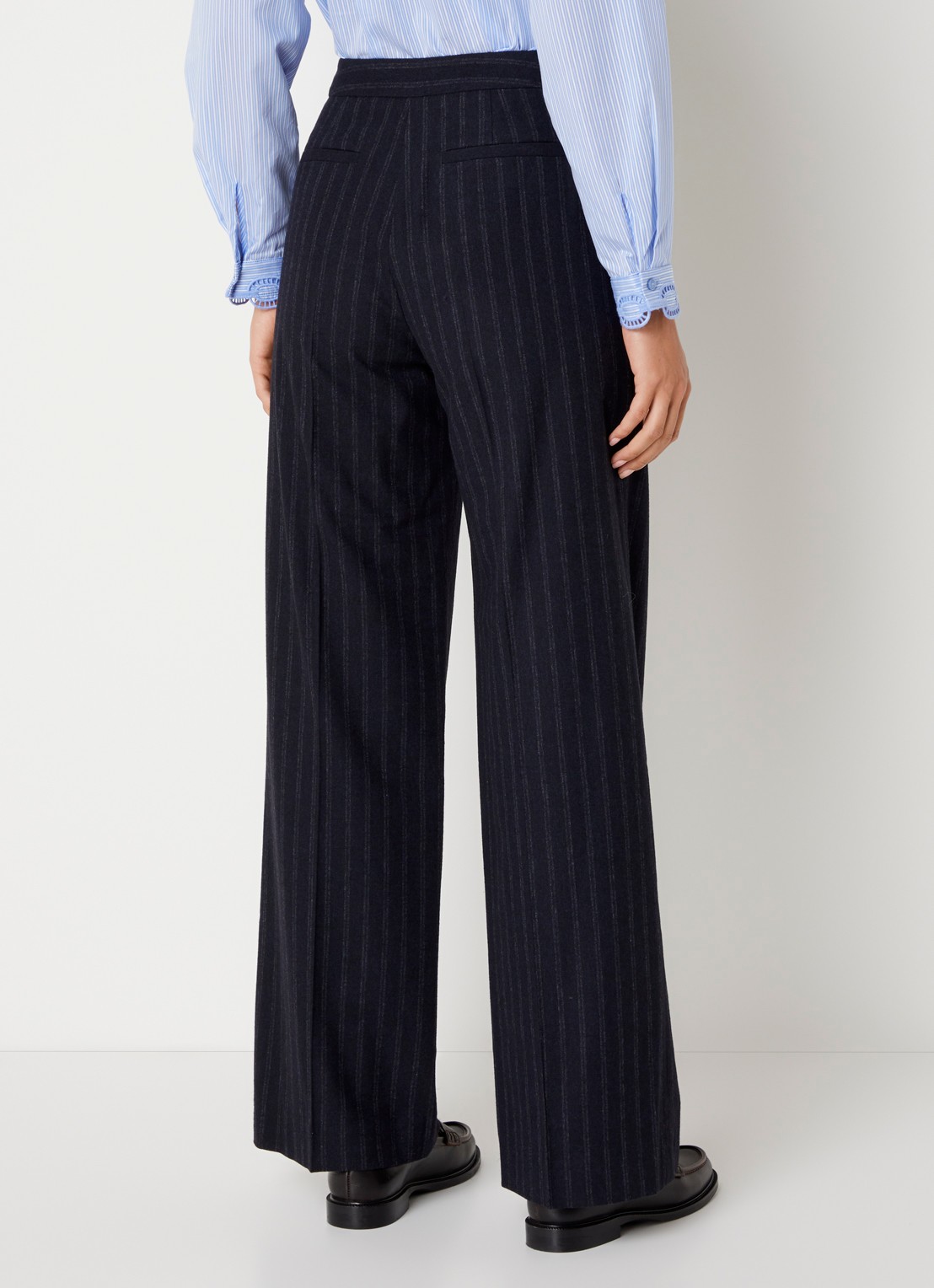 Claudie Pierlot Bicolore high waist straight fit pantalon met streepprint - achterkant 2 donkerblauw