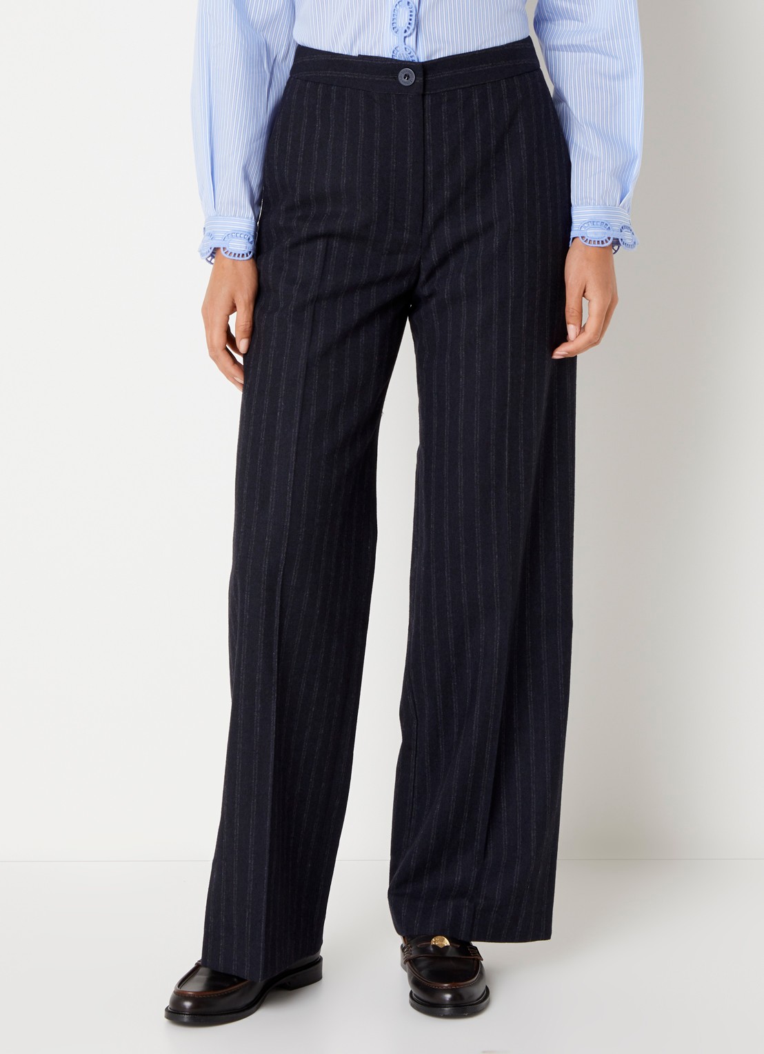 Claudie Pierlot Bicolore high waist straight fit pantalon met streepprint - detail donkerblauw