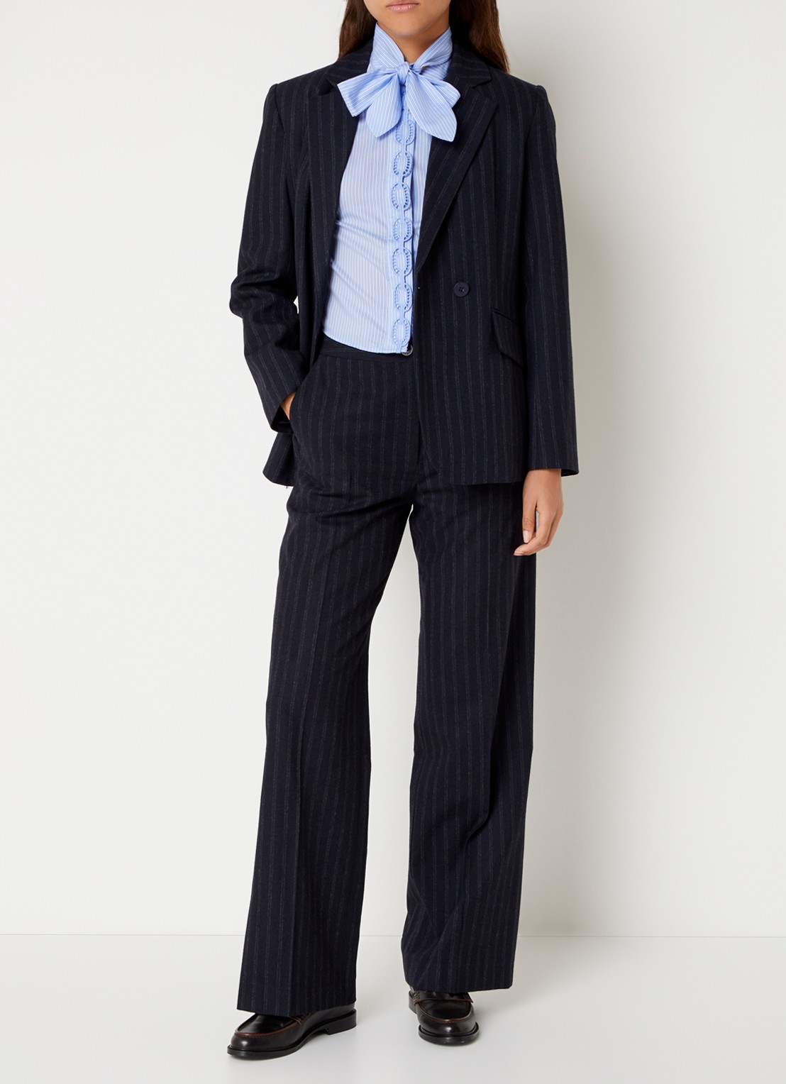 Claudie Pierlot Bicolore high waist straight fit pantalon met streepprint - voorkant 4 donkerblauw
