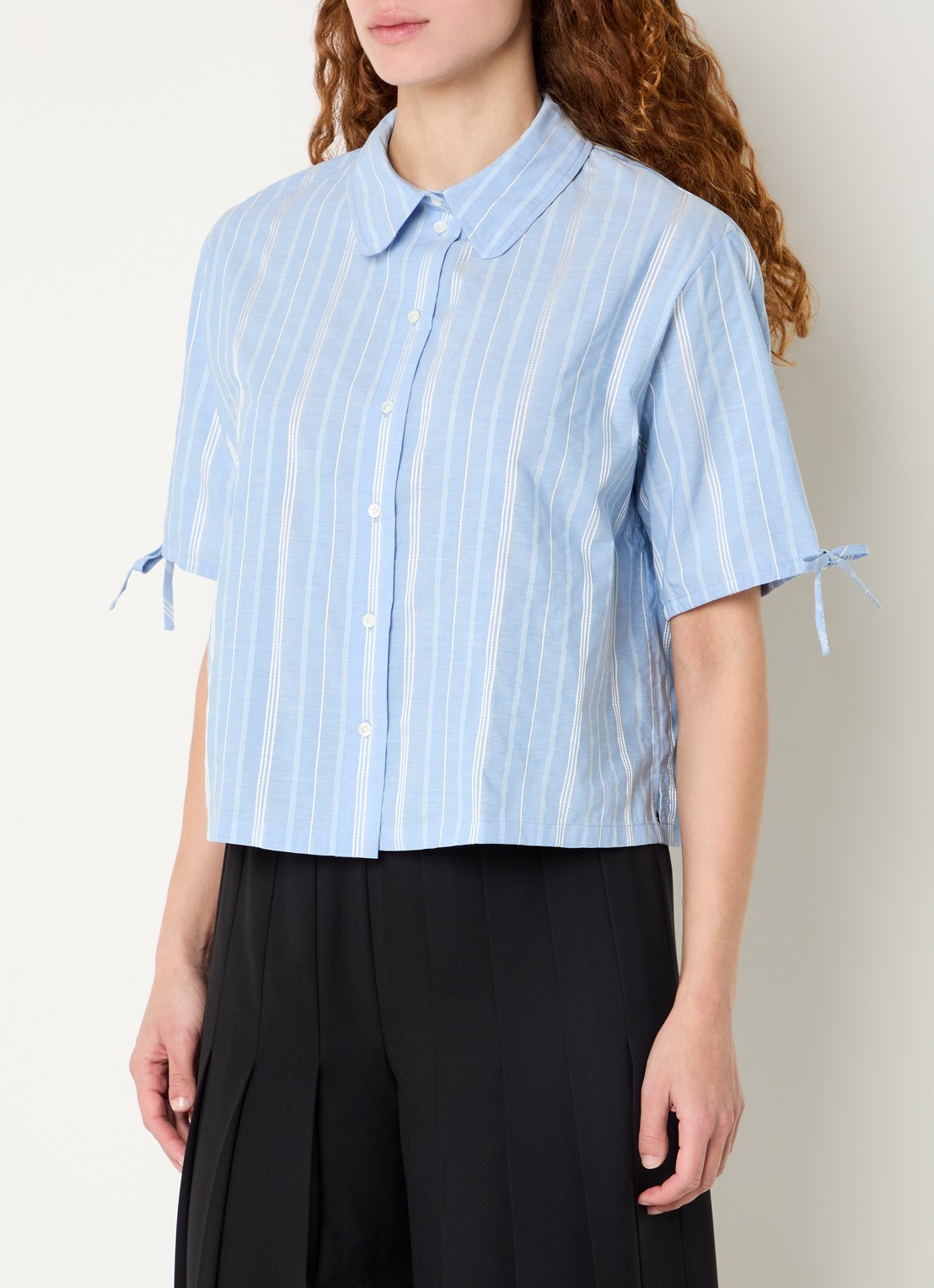 Claudie Pierlot Blouse met ballonmouw en streepprint - detail 4 blauwgrijs