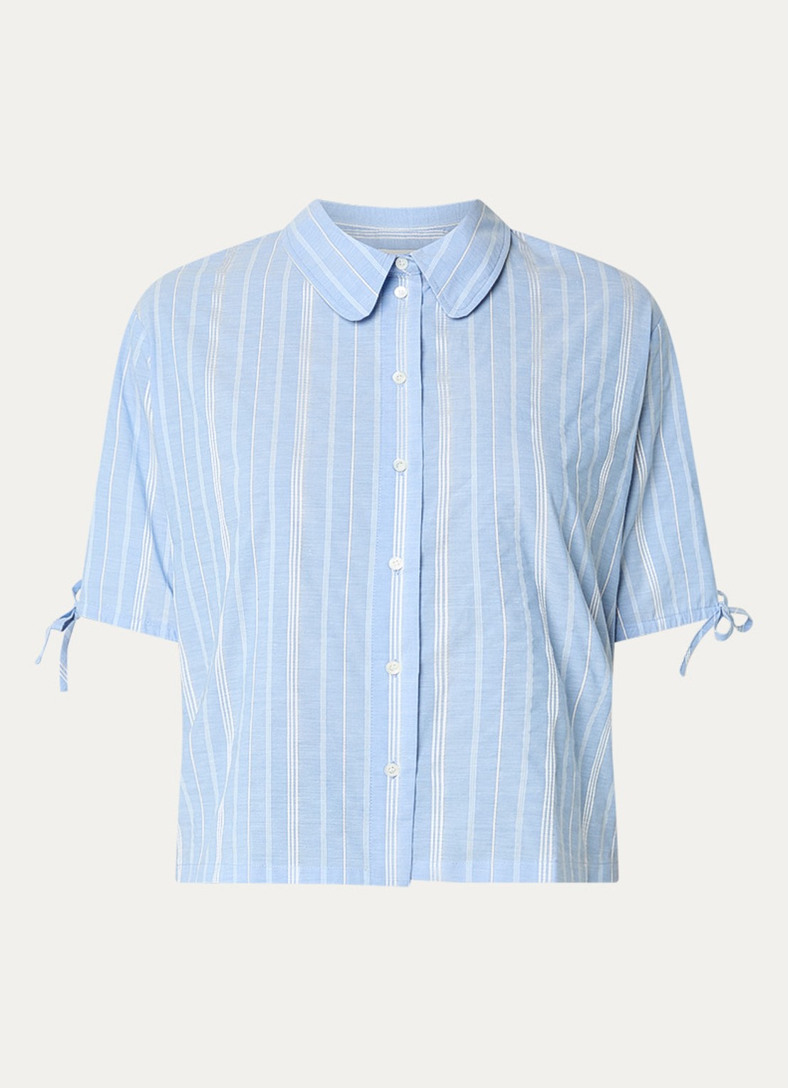 Claudie Pierlot Blouse met ballonmouw en streepprint - voorkant 2 blauwgrijs