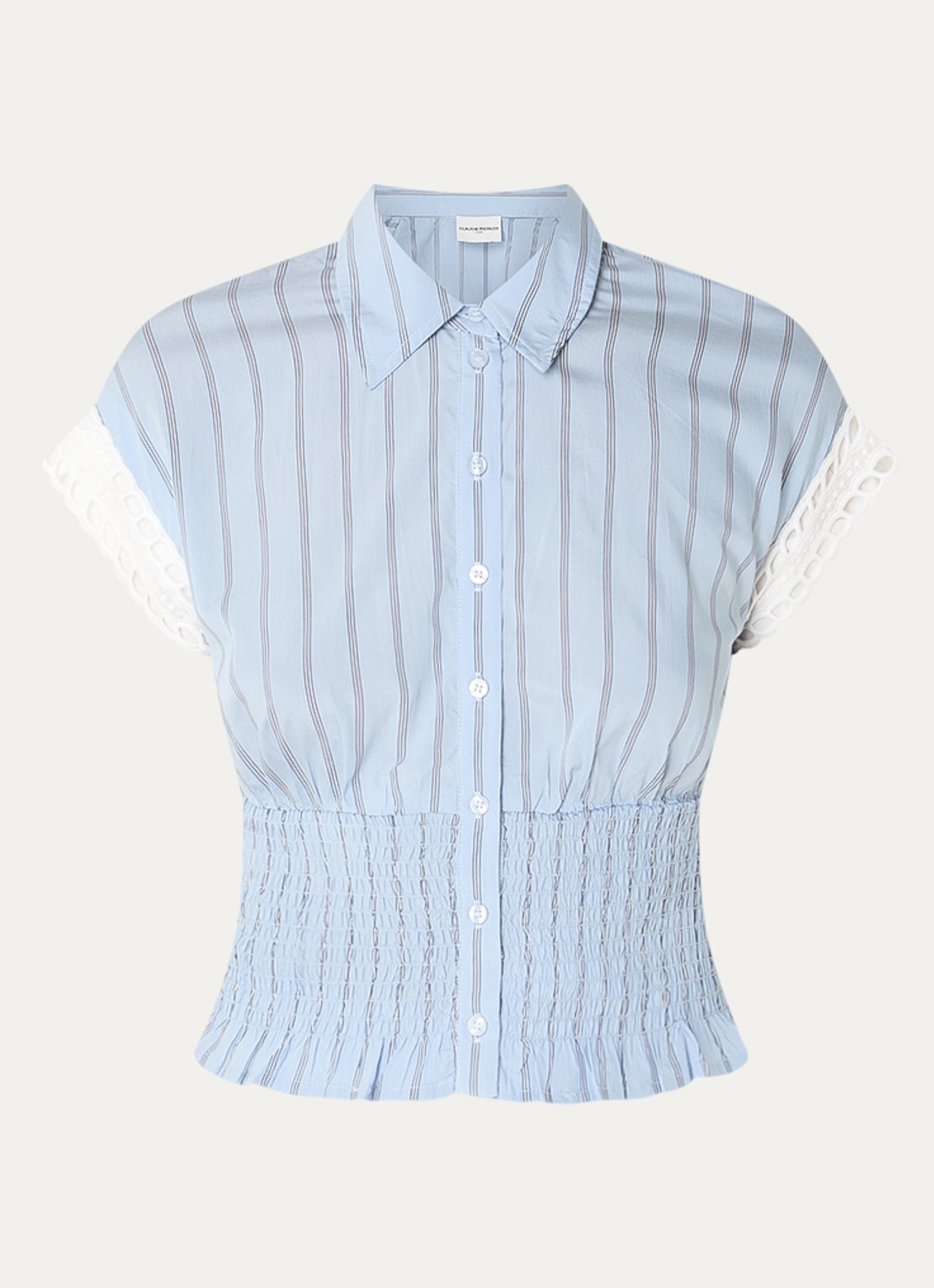 Claudie Pierlot Blouse met streepprint en smockwerk - voorkant 2 staalblauw