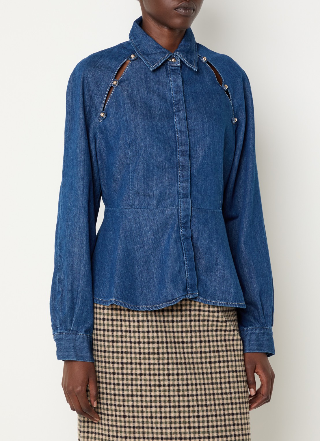 Claudie Pierlot Blouse van denim met peplum - detail blauw
