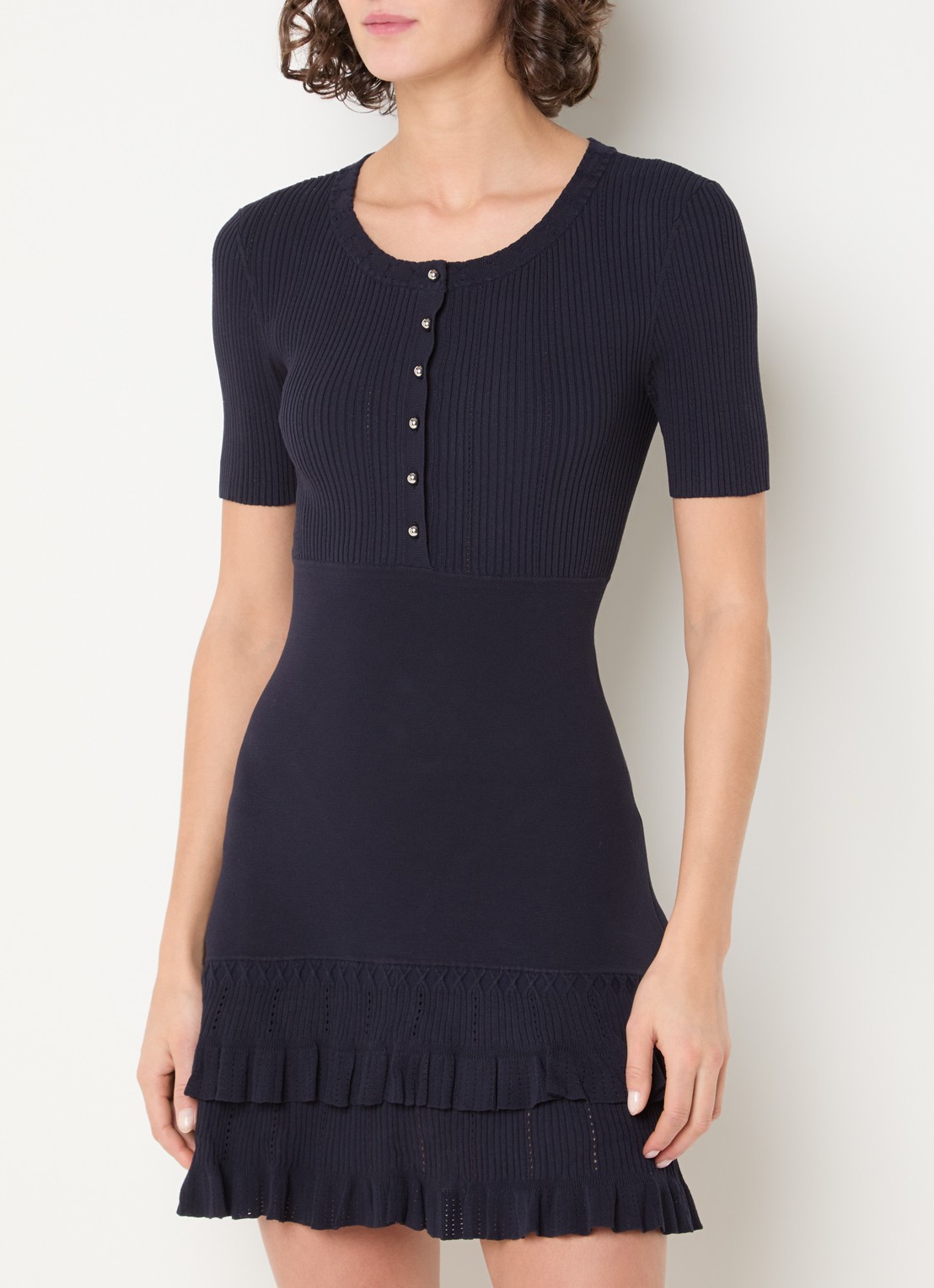 Claudie Pierlot Boogie ribgebreide mini jurk met volant en ruches - detail 2 donkerblauw