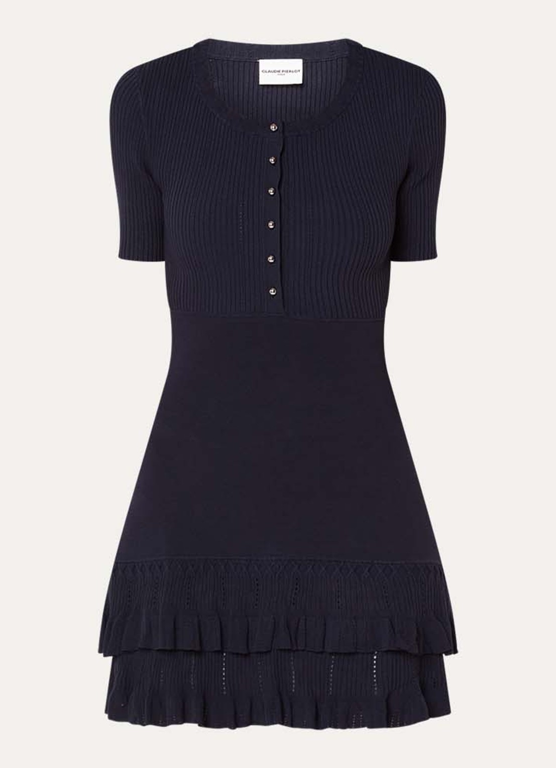 Claudie Pierlot Boogie ribgebreide mini jurk met volant en ruches - voorkant 3 donkerblauw