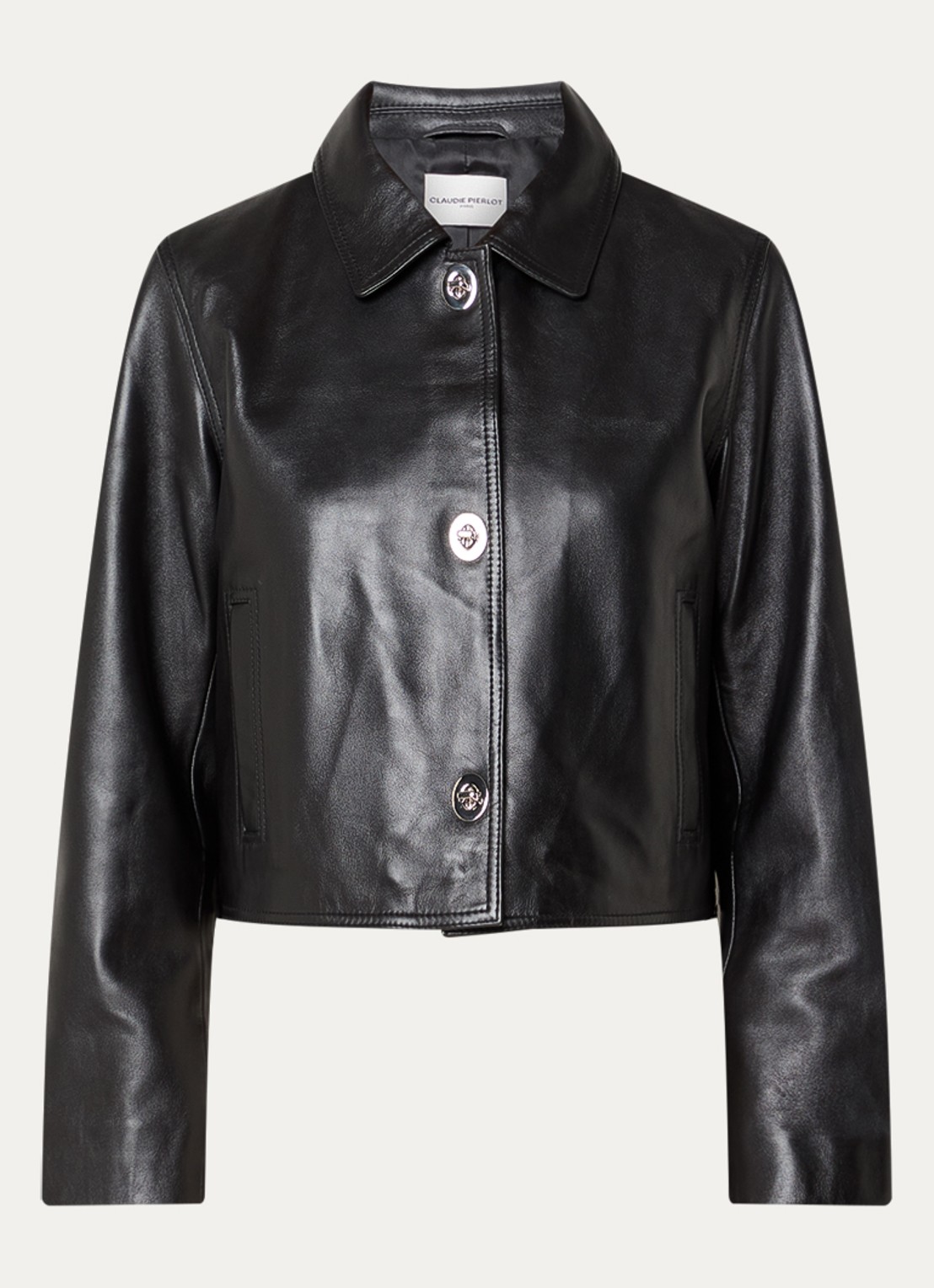 Claudie Pierlot Carlita cropped jack van lamsleer met steekzakken - voorkant 3 zwart