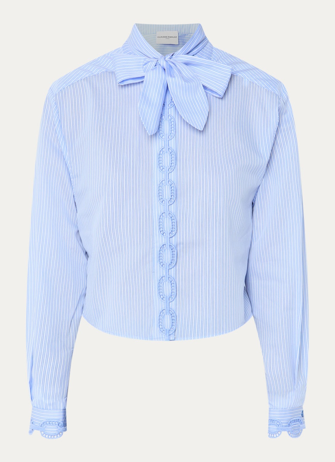 Claudie Pierlot Carmita blouse met streepprint en sjaalkraag - voorkant lichtblauw