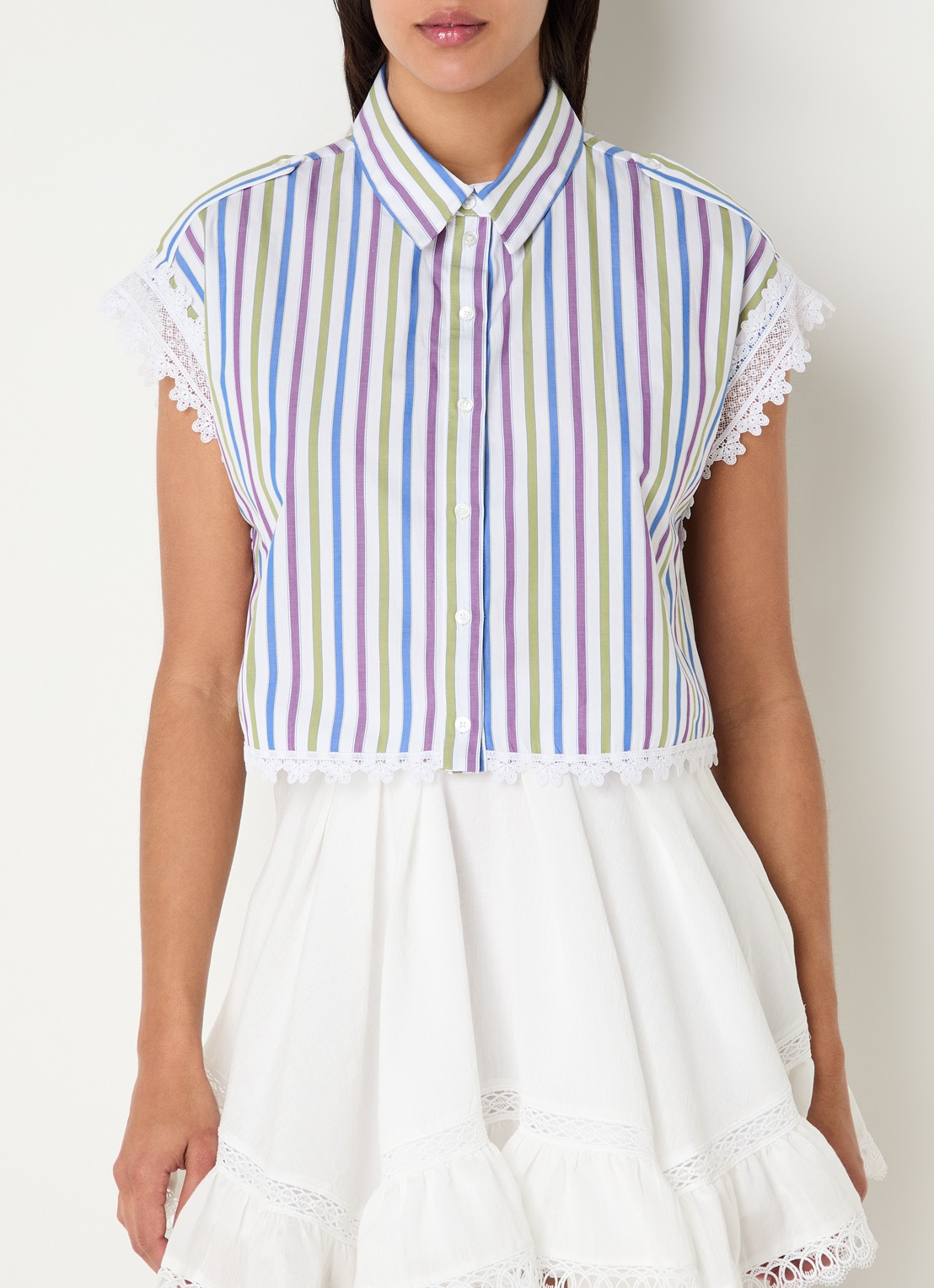 Claudie Pierlot Celoma blouse met streepprint en broderie - detail 4 gebroken wit