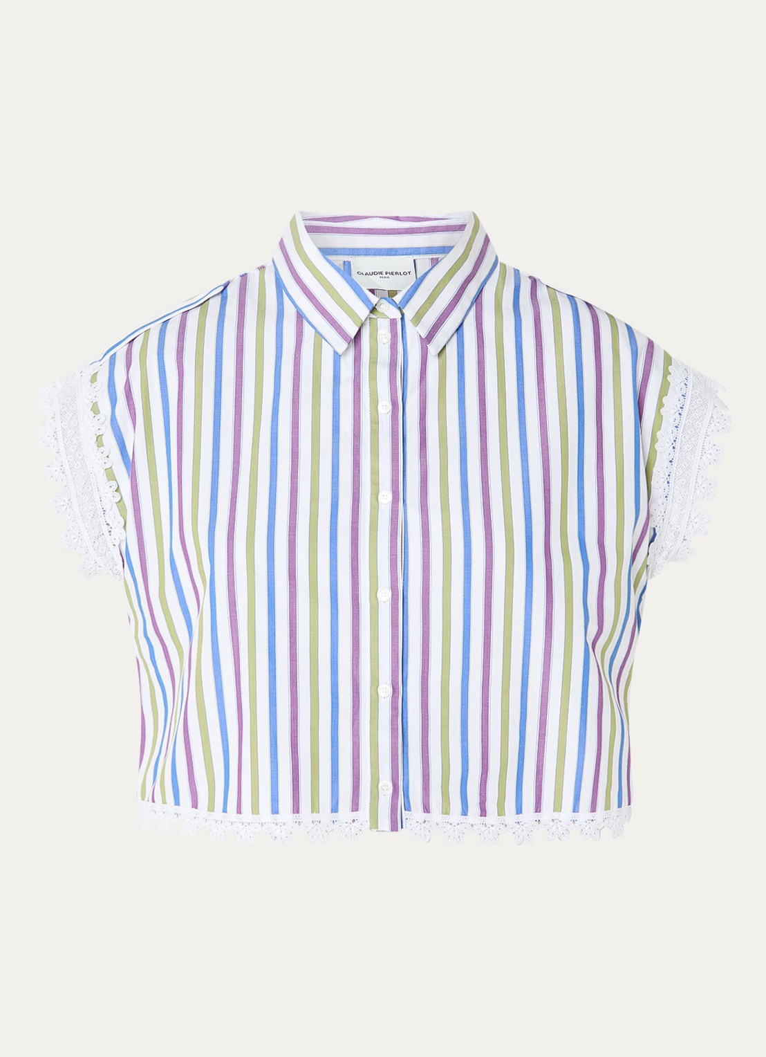 Claudie Pierlot Celoma blouse met streepprint en broderie - voorkant gebroken wit