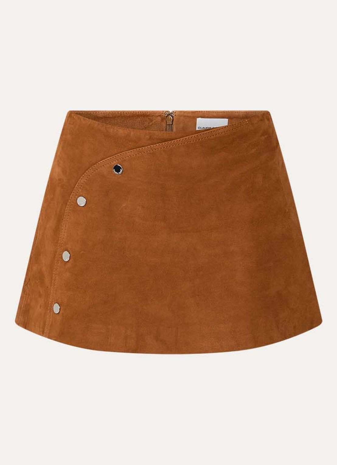 Claudie Pierlot Charlina minirok van geitensuède met sierknopen - voorkant 2 camel