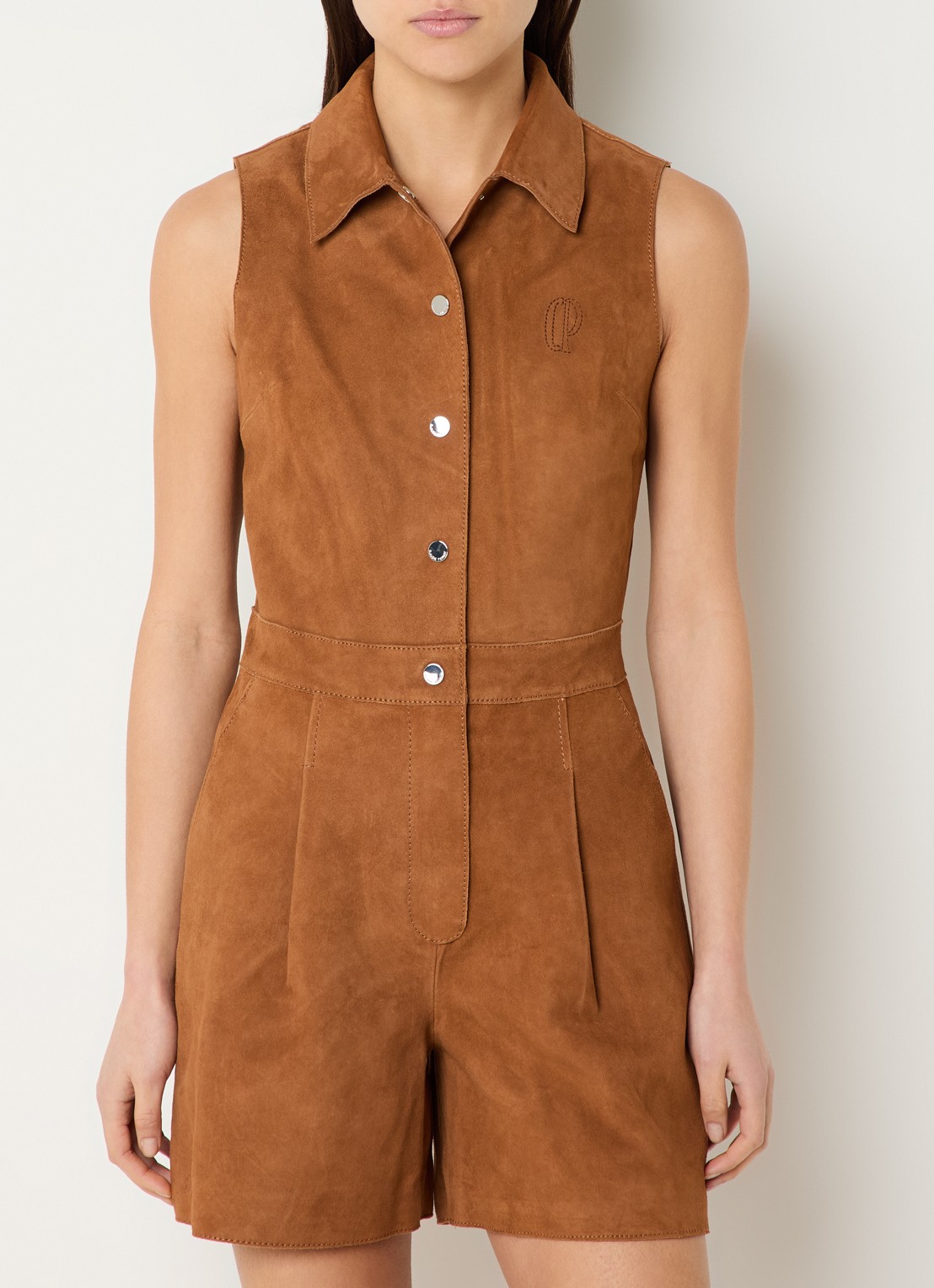 Claudie Pierlot Charline playsuit van geitensuède - detail camel