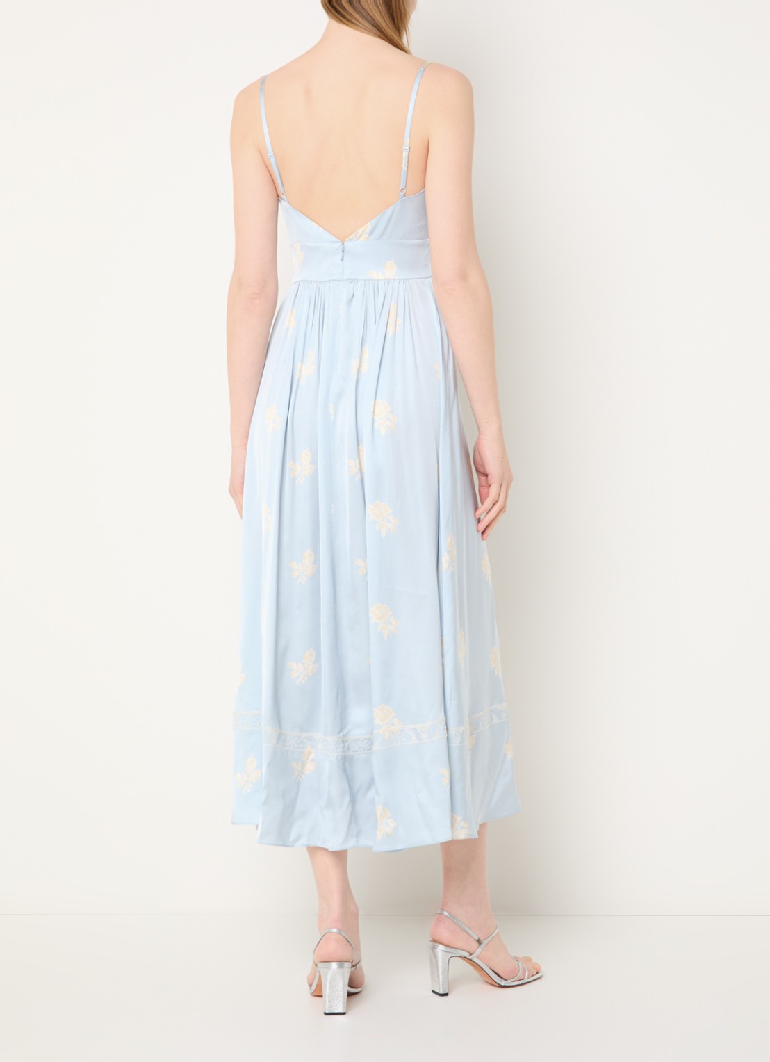 Claudie Pierlot Clair midi jurk met borduring en bloemenprint - achterkant lichtblauw