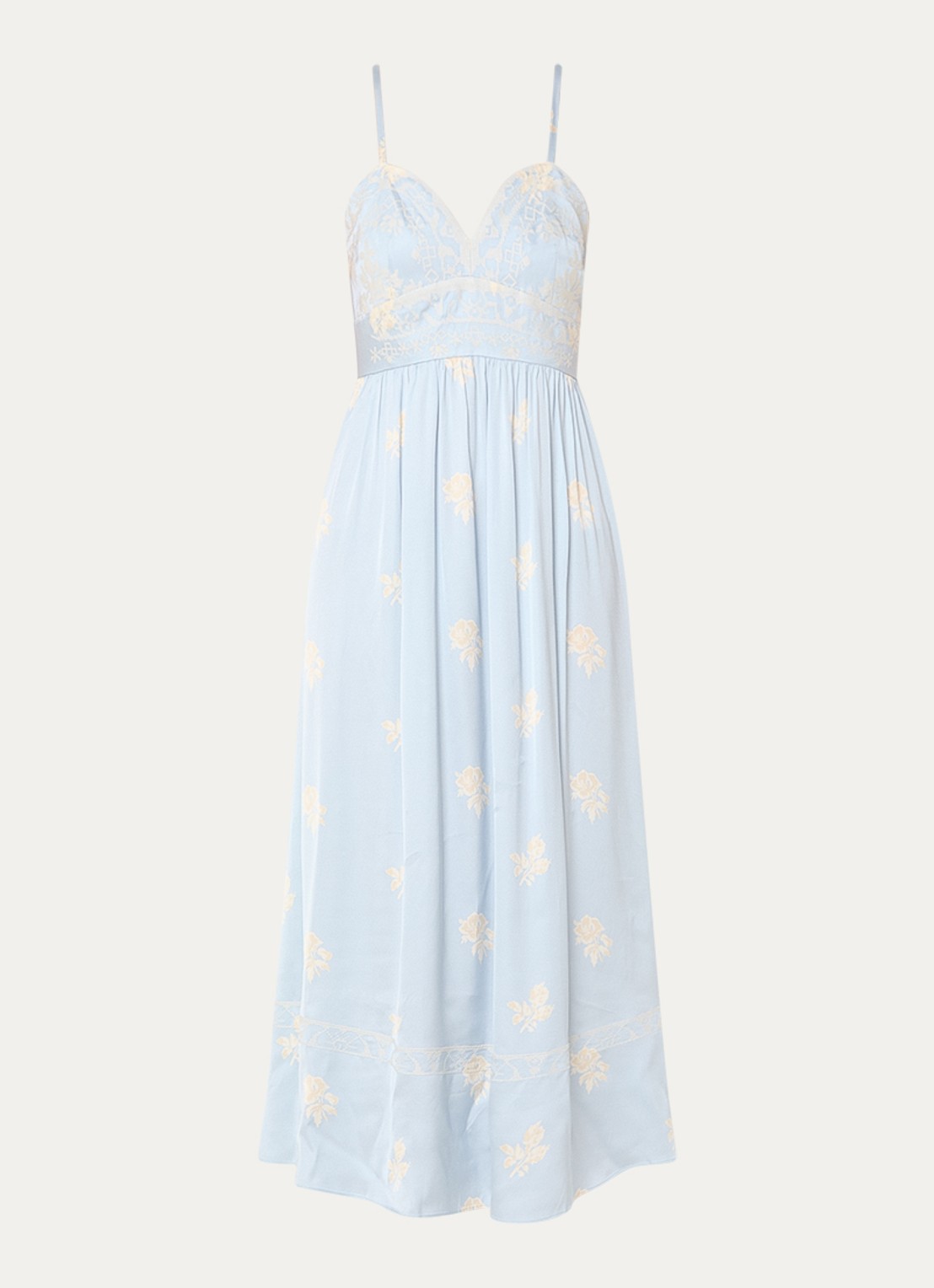 Claudie Pierlot Clair midi jurk met borduring en bloemenprint - voorkant 2 lichtblauw