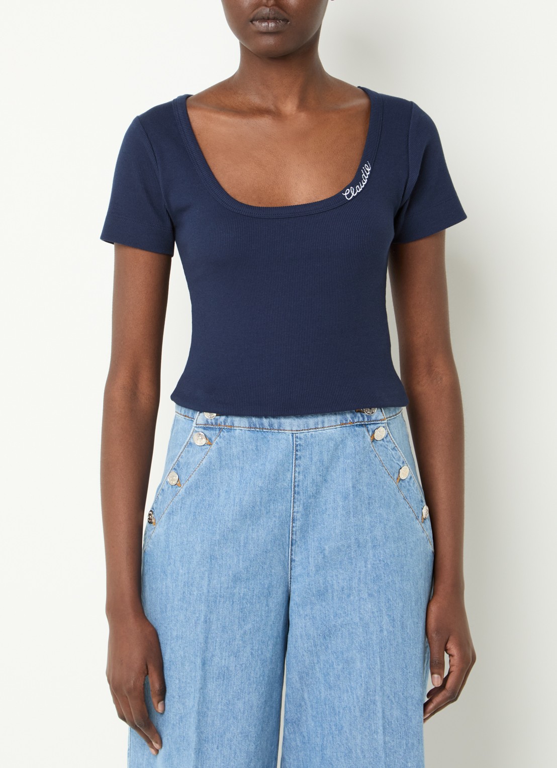 Claudie Pierlot Crop top met ribstructuur  - detail donkerblauw