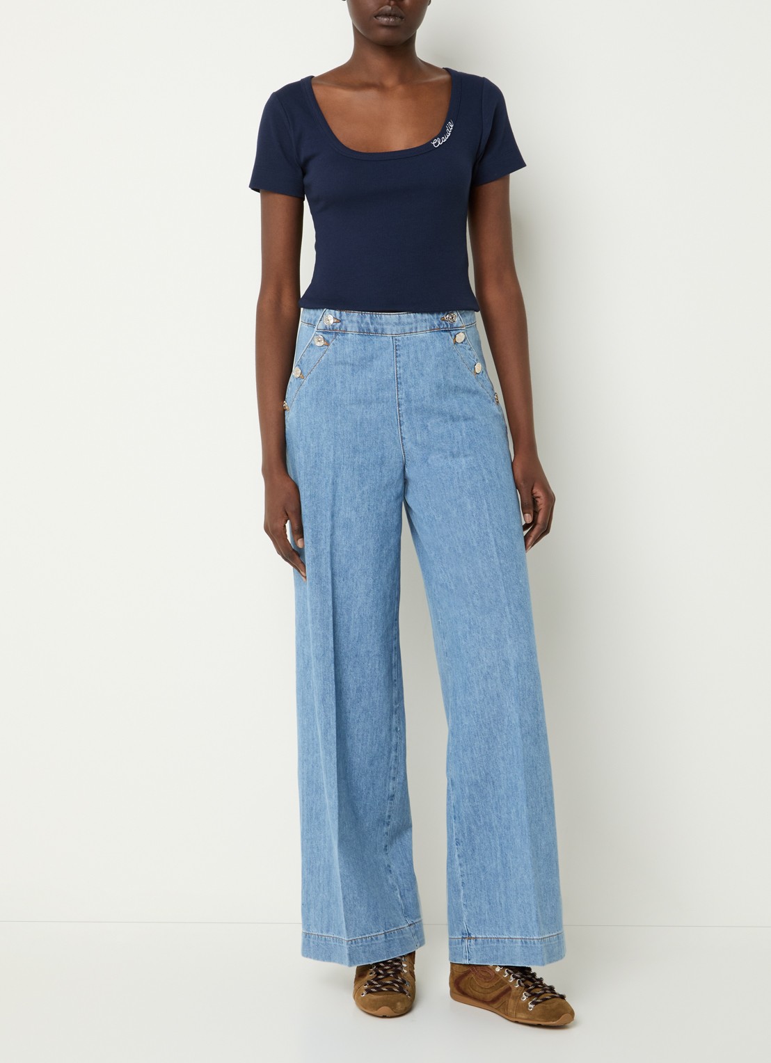 Claudie Pierlot Crop top met ribstructuur  - voorkant 4 donkerblauw