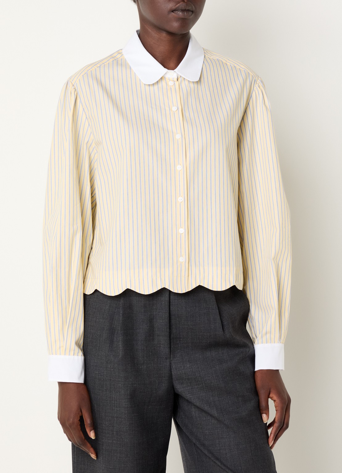 Claudie Pierlot Cropped blouse met streepprint - detail 2 vanillegeel