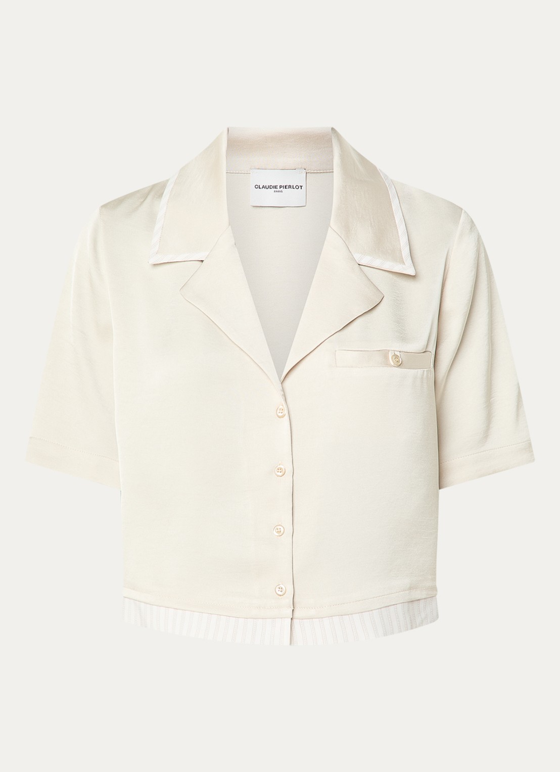 Claudie Pierlot Cropped blouse van satijn met borstzak - voorkant beige