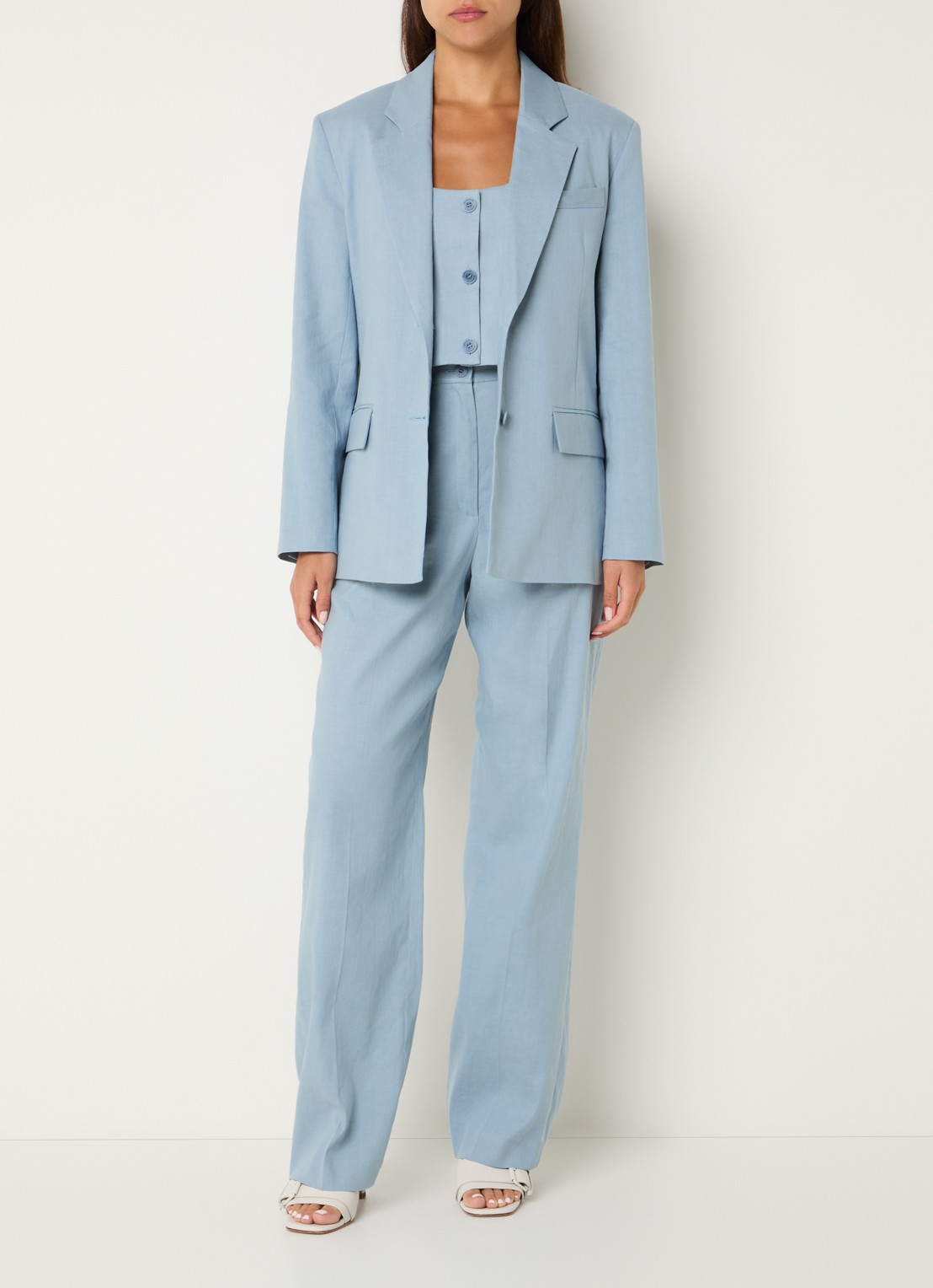 Claudie Pierlot Cropped gilet in linnenblend - voorkant 2 lichtblauw