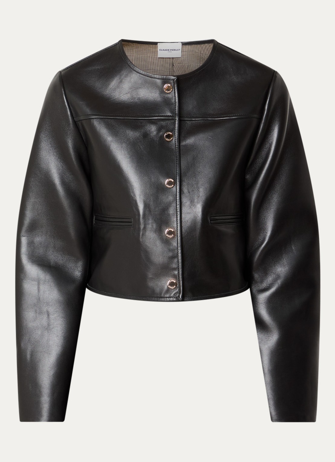 Claudie Pierlot Cropped jack van lamsleer met paspelzakken - voorkant zwart