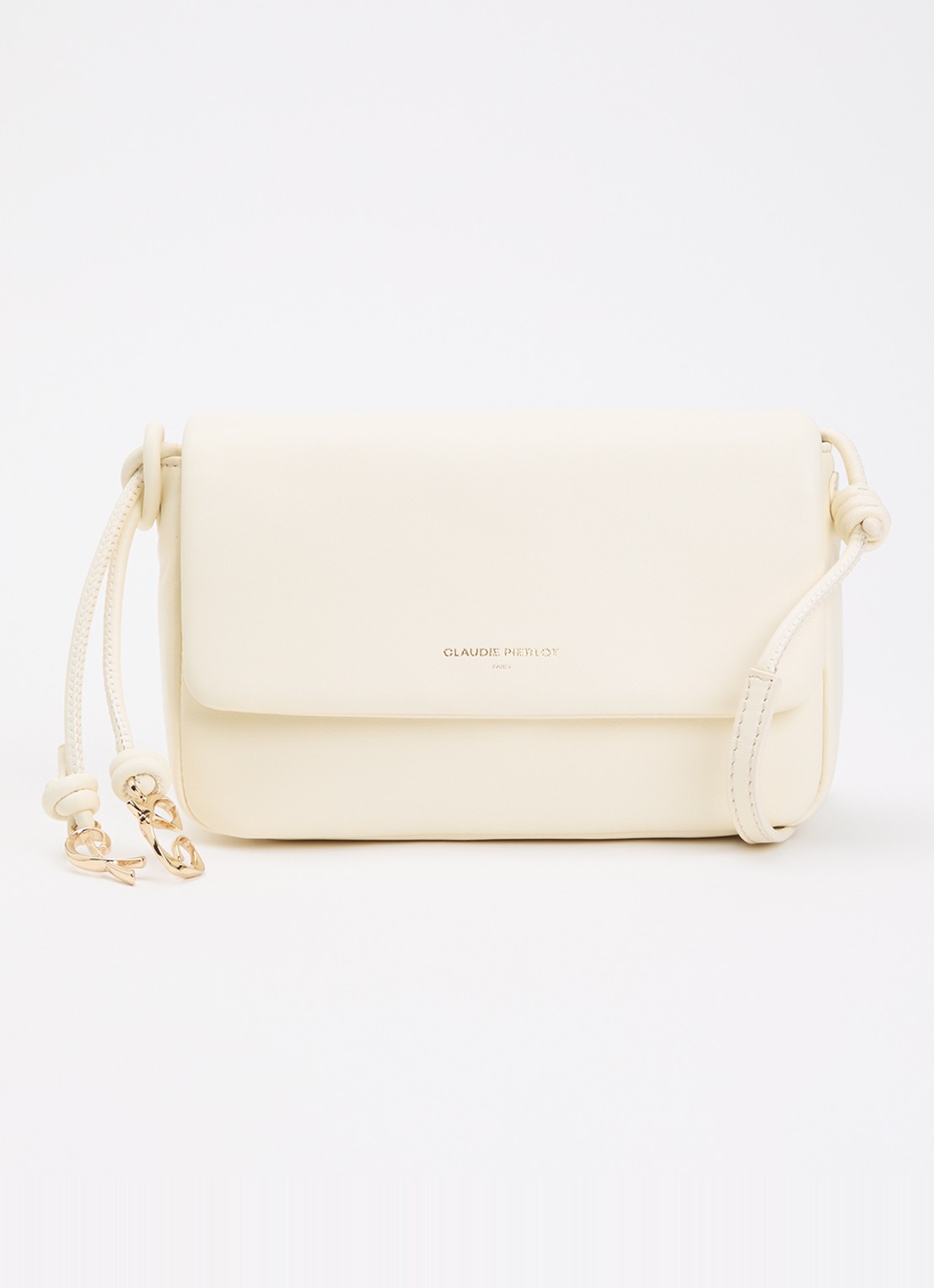 Claudie Pierlot Crossbodytas van lamsleer met logo  - voorkant ivoor