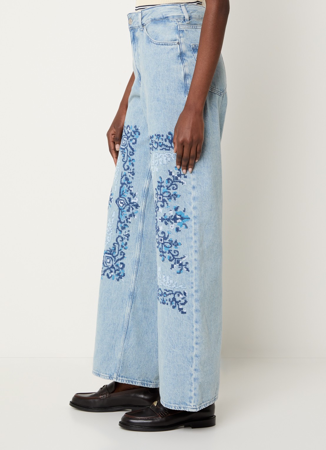 Claudie Pierlot Deborah high waist wide leg jeans met borduring - detail 3 indigo