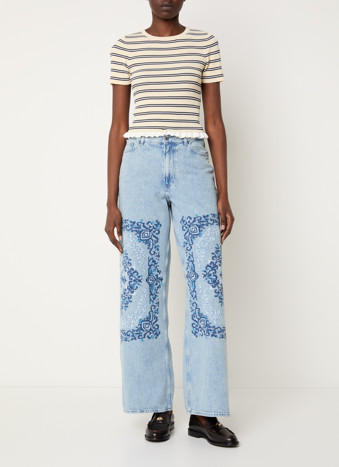 Claudie Pierlot Deborah high waist wide leg jeans met borduring - voorkant 5 indigo